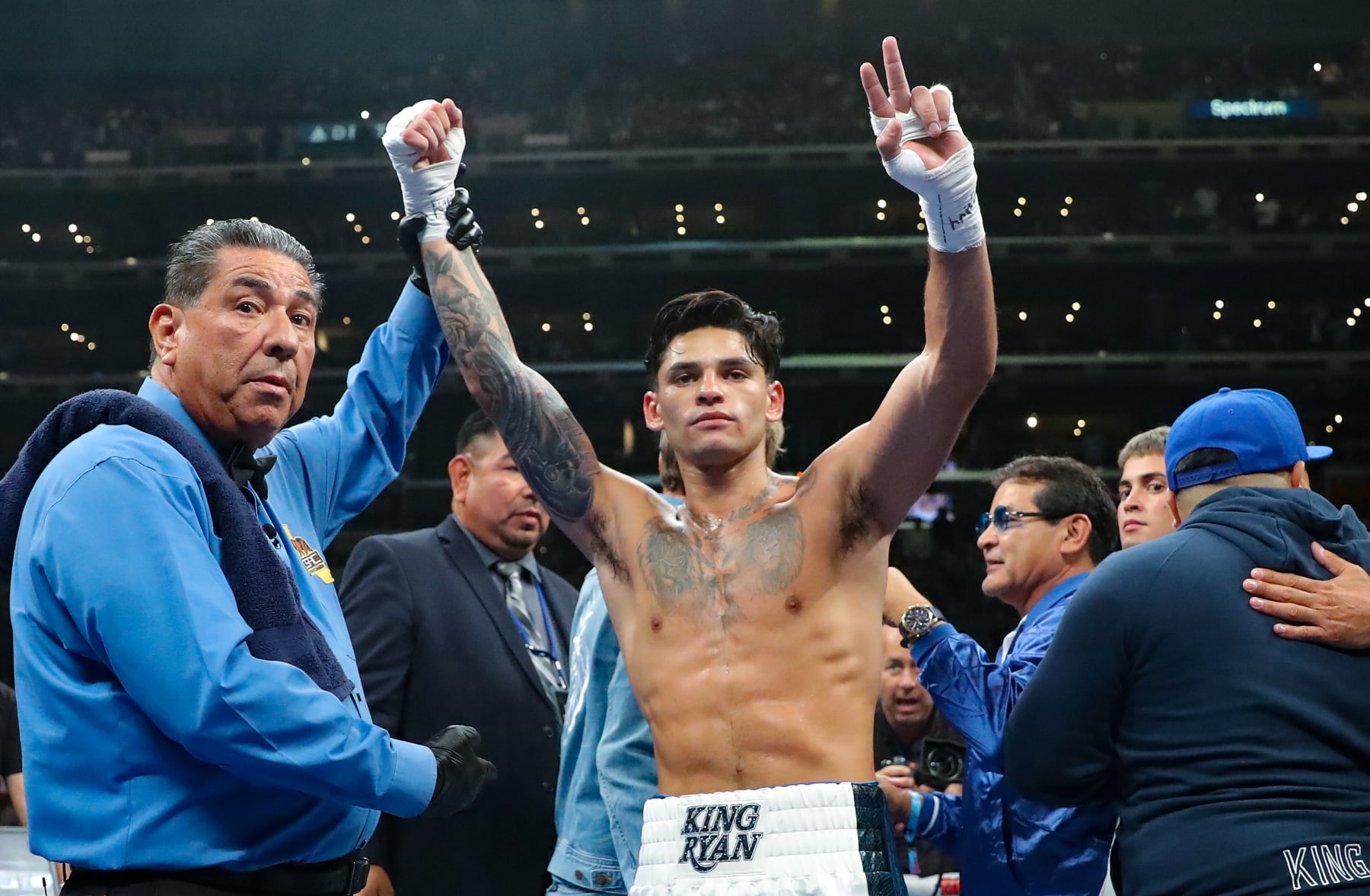 LOS ANGELES, CALIFORNIA - JULY 16:  Ryan Garcia winner by KO (0:27 of round 6) in the Super Light weight fight against Javier Fortuna at Crypto.com Arena on July 16, 2022 in Los Angeles, California. (Photo by Tom Hogan/Golden Boy Promotions via Getty Images)