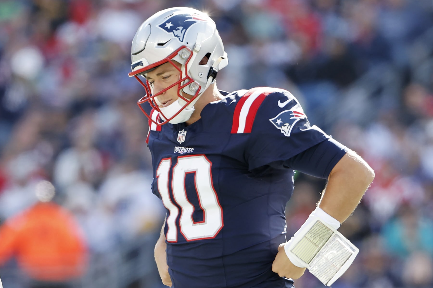 FOXBOROUGH, MASSACHUSETTS - OCTOBER 08: Mac Jones #10 of the New England Patriots looks on during the second quarter against the New Orleans Saints at Gillette Stadium on October 08, 2023 in Foxborough, Massachusetts. (Photo by Winslow Townson/Getty Images)
