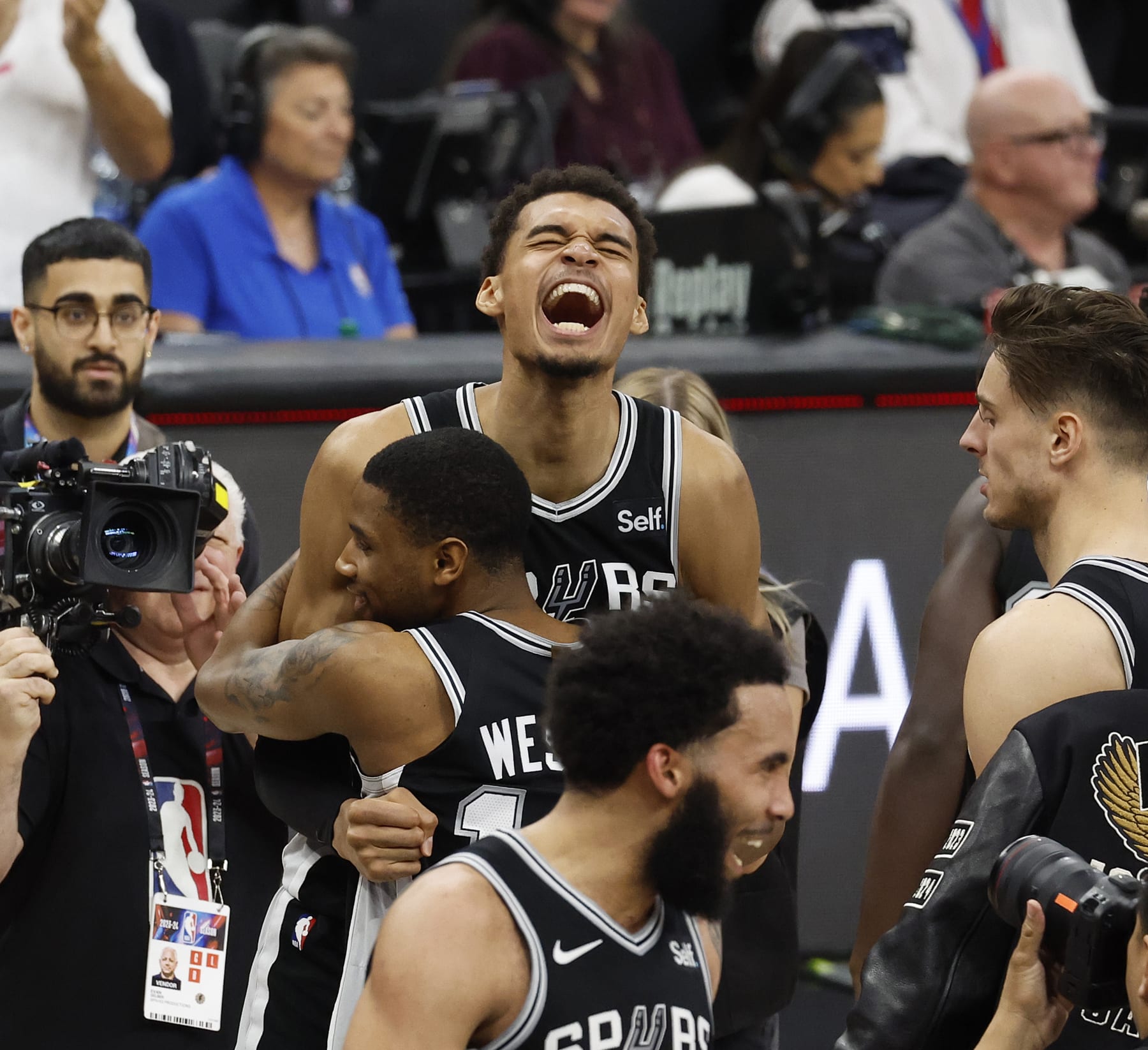 SAN ANTONIO, TX - APRIL 12: Victor Wembanyama #1 of the San Antonio Spurs celebrates after they defeated the Denver Nuggets 121-120 at Frost Bank Center on April 12, 2024 in San Antonio, Texas. NOTE TO USER: User expressly acknowledges and agrees that, by downloading and or using this photograph, User is consenting to terms and conditions of the Getty Images License Agreement. (Photo by Ronald Cortes/Getty Images)