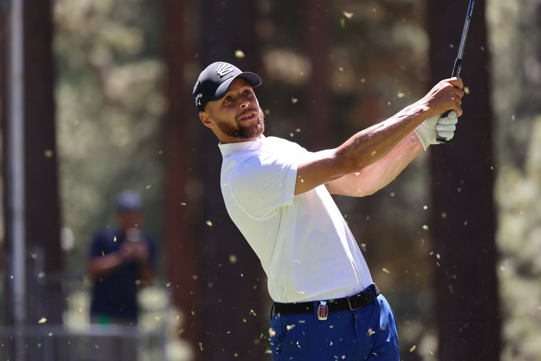 STATELINE, NEVADA - JULY 14: Stephen Curry of the NBA Golden State Warriors hits his tee on the 7th hole on Day One of the 2023 American Century Championship at Edgewood Tahoe Golf Course on July 14, 2023 in Stateline, Nevada. (Photo by Isaiah Vazquez/Getty Images)