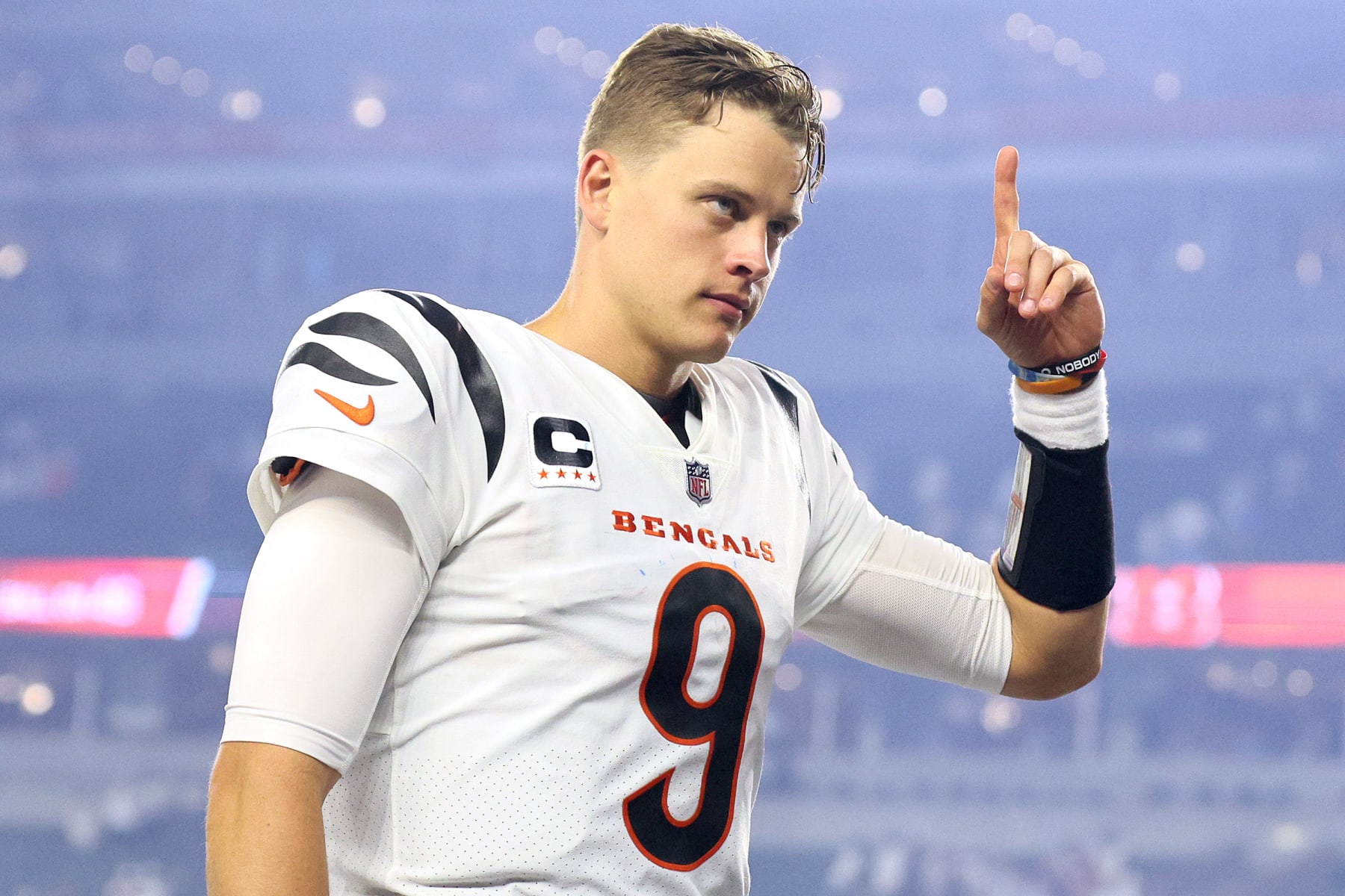 CINCINNATI, OHIO - SEPTEMBER 25: Joe Burrow #9 of the Cincinnati Bengals celebrates as he walks off the field after defeating the Los Angeles Rams in the game at Paycor Stadium on September 25, 2023 in Cincinnati, Ohio. (Photo by Andy Lyons/Getty Images)