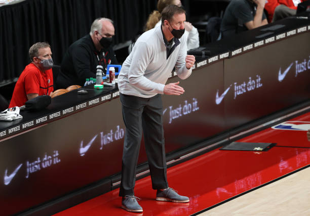 PORTLAND, OREGON - APRIL 02: Head Coach Terry Stotts of the Portland Trail Blazers watches play in the first quarter against the Milwaukee Bucks at Moda Center on April 02, 2021 in Portland, Oregon. NOTE TO USER: User expressly acknowledges and agrees that, by downloading and or using this photograph, User is consenting to the terms and conditions of the Getty Images License Agreement.  (Photo by Abbie Parr/Getty Images)