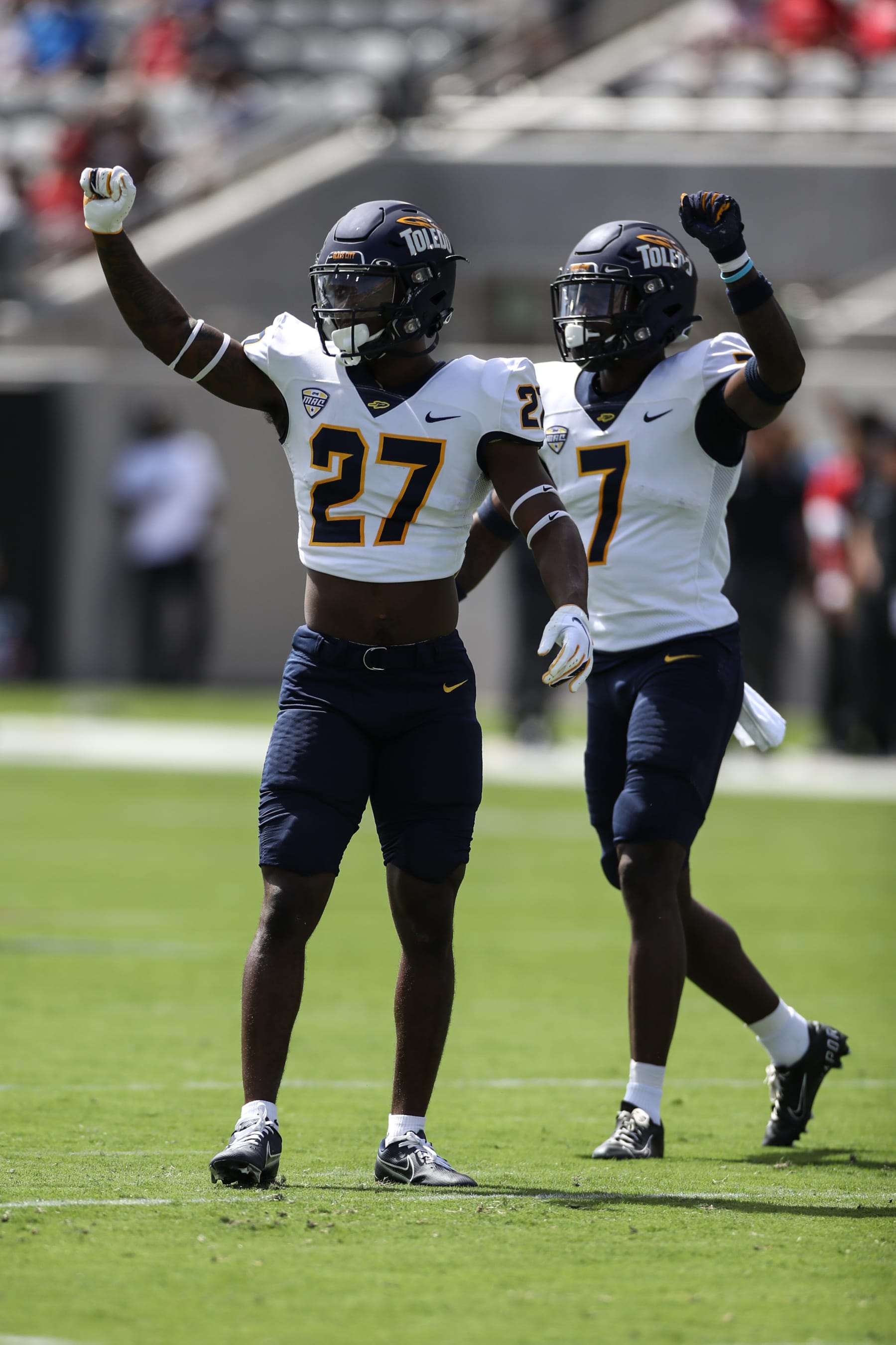 SAN DIEGO, CA - SEPTEMBER 24: Toledo Rockets cornerback Quinyon Mitchell (27) and Toledo Rockets safety Zachary Ford (7)  during a college football game between the Toledo Rockets and the San Diego State Aztecs on September 24, 2022, at Snapdragon Stadium in San Diego, CA. (Photo by Jevone Moore/Icon Sportswire via Getty Images)