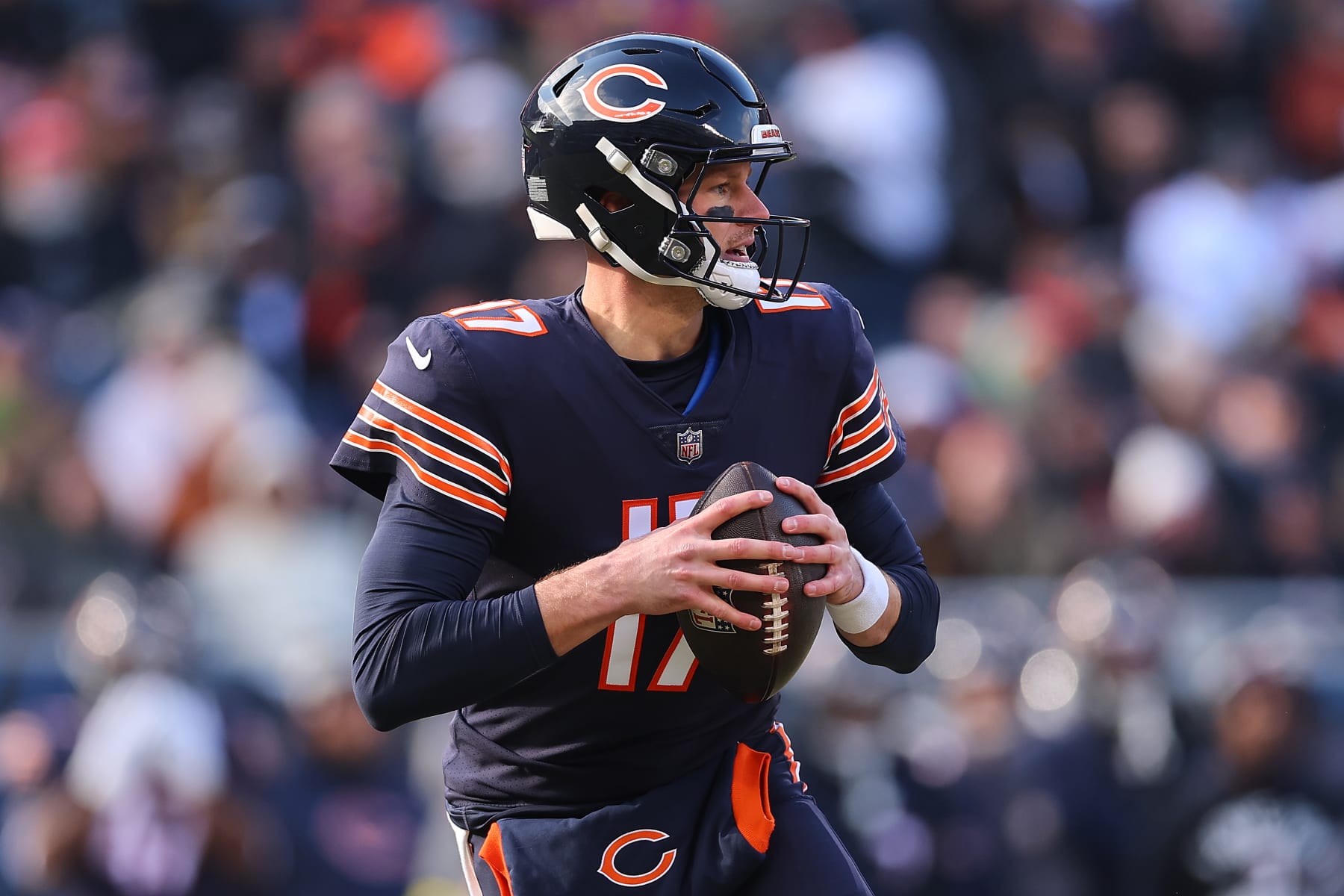 CHICAGO, ILLINOIS - JANUARY 08: Tim Boyle #17 of the Chicago Bears looks to pass against the Minnesota Vikings at Soldier Field on January 08, 2023 in Chicago, Illinois. (Photo by Michael Reaves/Getty Images)