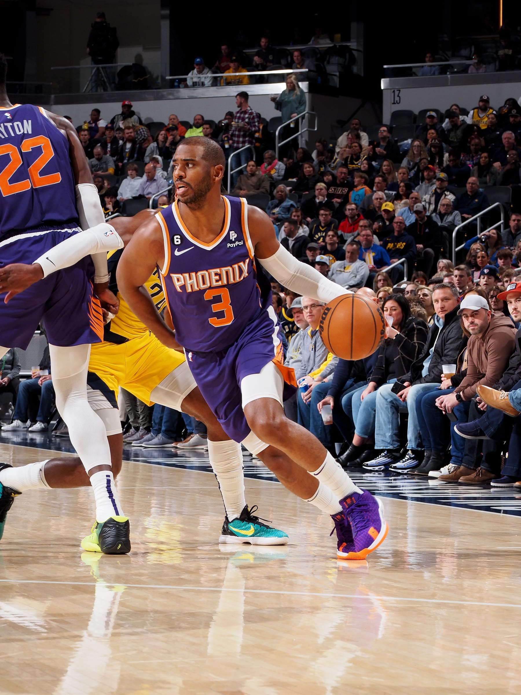 INDIANAPOLIS, IN - FEBRUARY 10: Chris Paul #3 of the Phoenix Suns drives to the basket against the Indiana Pacers on February 10, 2023 at Gainbridge Fieldhouse in Indianapolis, Indiana. NOTE TO USER: User expressly acknowledges and agrees that, by downloading and or using this Photograph, user is consenting to the terms and conditions of the Getty Images License Agreement. Mandatory Copyright Notice: Copyright 2023 NBAE (Photo by Ron Hoskins/NBAE via Getty Images)
