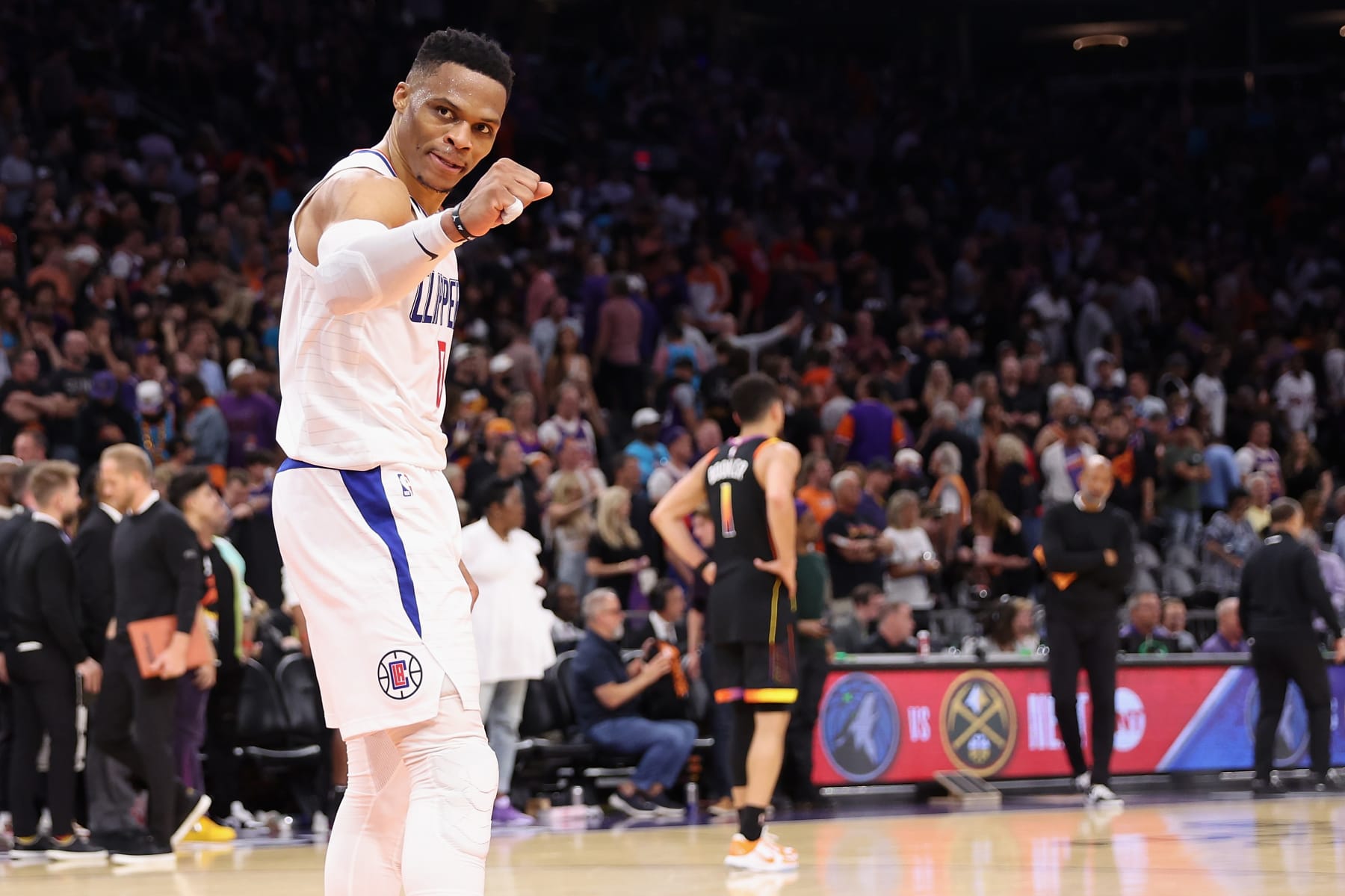 PHOENIX, ARIZONA - APRIL 16:  Russell Westbrook #0 of the LA Clippers celebrates following Game One of the Western Conference First Round Playoffs at Footprint Center on April 16, 2023 in Phoenix, Arizona.  The Clippers defeated the Suns 115-110. NOTE TO USER: User expressly acknowledges and agrees that, by downloading and or using this photograph, User is consenting to the terms and conditions of the Getty Images License Agreement.  (Photo by Christian Petersen/Getty Images)