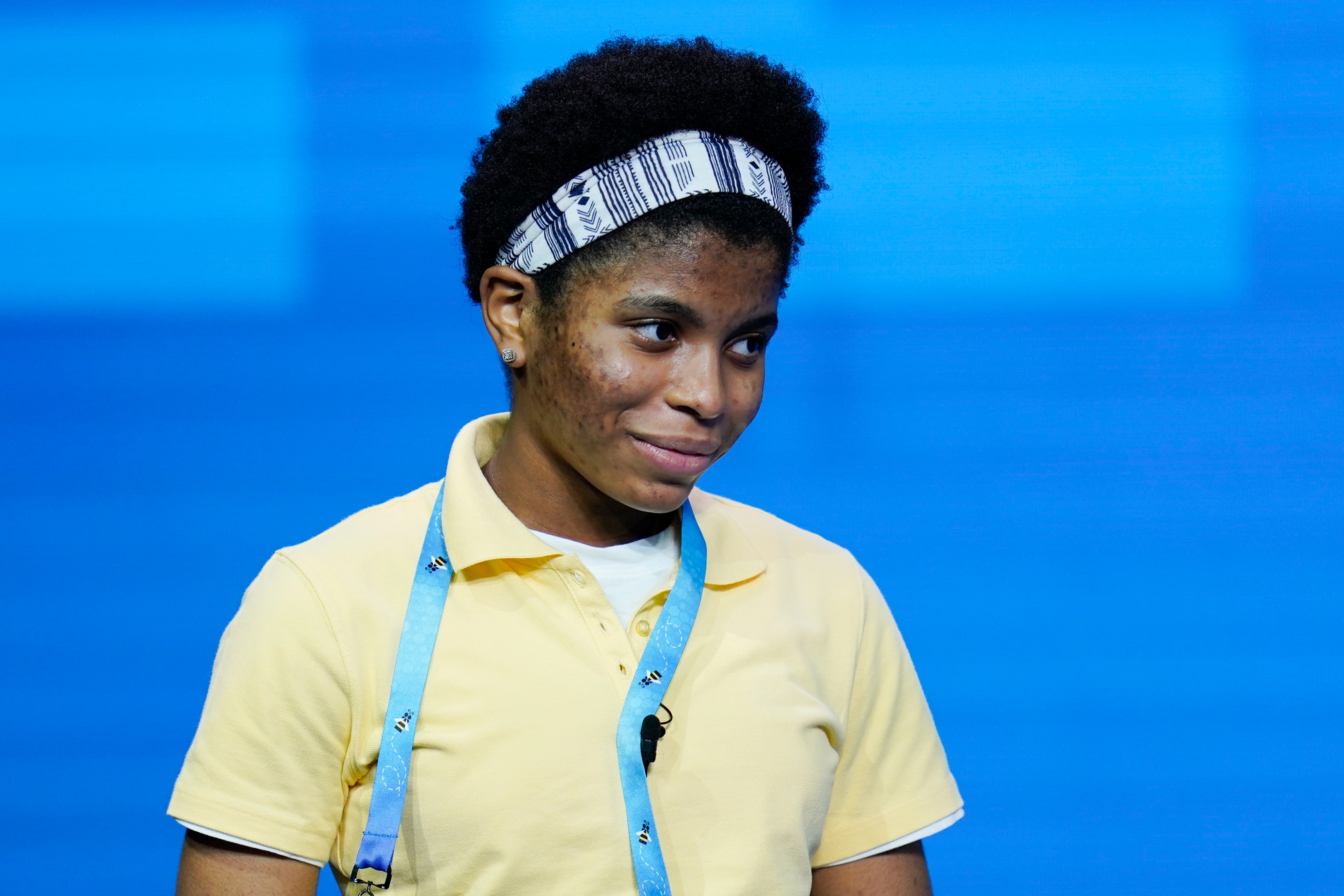 Zaila Avant-garde, 14, from Harvey, Louisiana reacts after correctly spelling a word during the finals of the 2021 Scripps National Spelling Bee at Disney World Thursday, July 8, 2021, in Lake Buena Vista, Fla. (AP Photo/John Raoux)