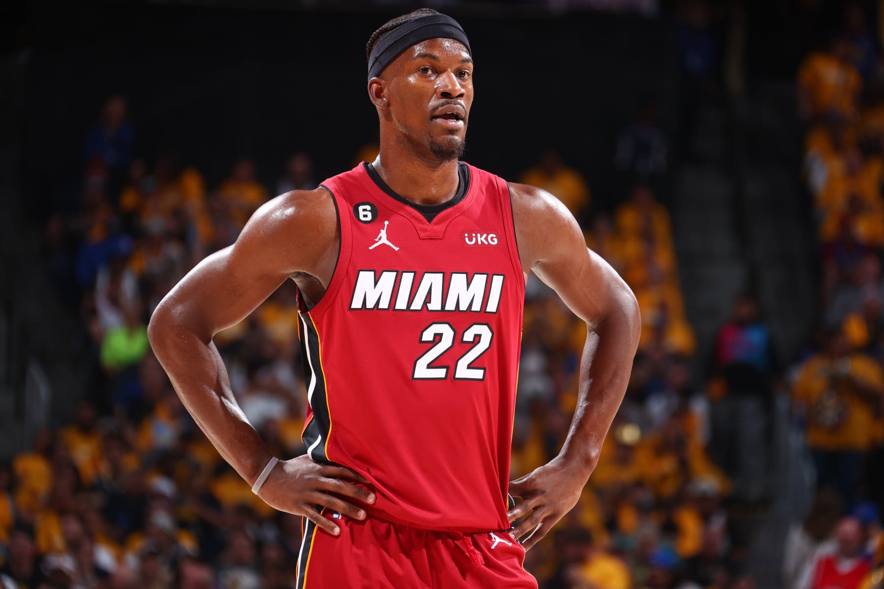 DENVER, CO - JUNE 1: Jimmy Butler #22 of the Miami Heat looks on during Game One of the 2023 NBA Finals against the Denver Nuggets on June 1, 2023 at the Ball Arena in Denver, Colorado. NOTE TO USER: User expressly acknowledges and agrees that, by downloading and/or using this Photograph, user is consenting to the terms and conditions of the Getty Images License Agreement. Mandatory Copyright Notice: Copyright 2023 NBAE (Photo by Nathaniel S. Butler/NBAE via Getty Images)