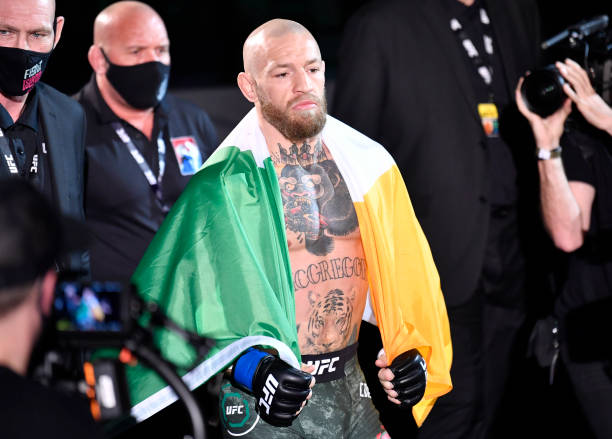 ABU DHABI, UNITED ARAB EMIRATES - JANUARY 23: Conor McGregor of Ireland prepares to fight Dustin Poirier in a lightweight fight during the UFC 257 event inside Etihad Arena on UFC Fight Island on January 23, 2021 in Abu Dhabi, United Arab Emirates. (Photo by Jeff Bottari/Zuffa LLC)
