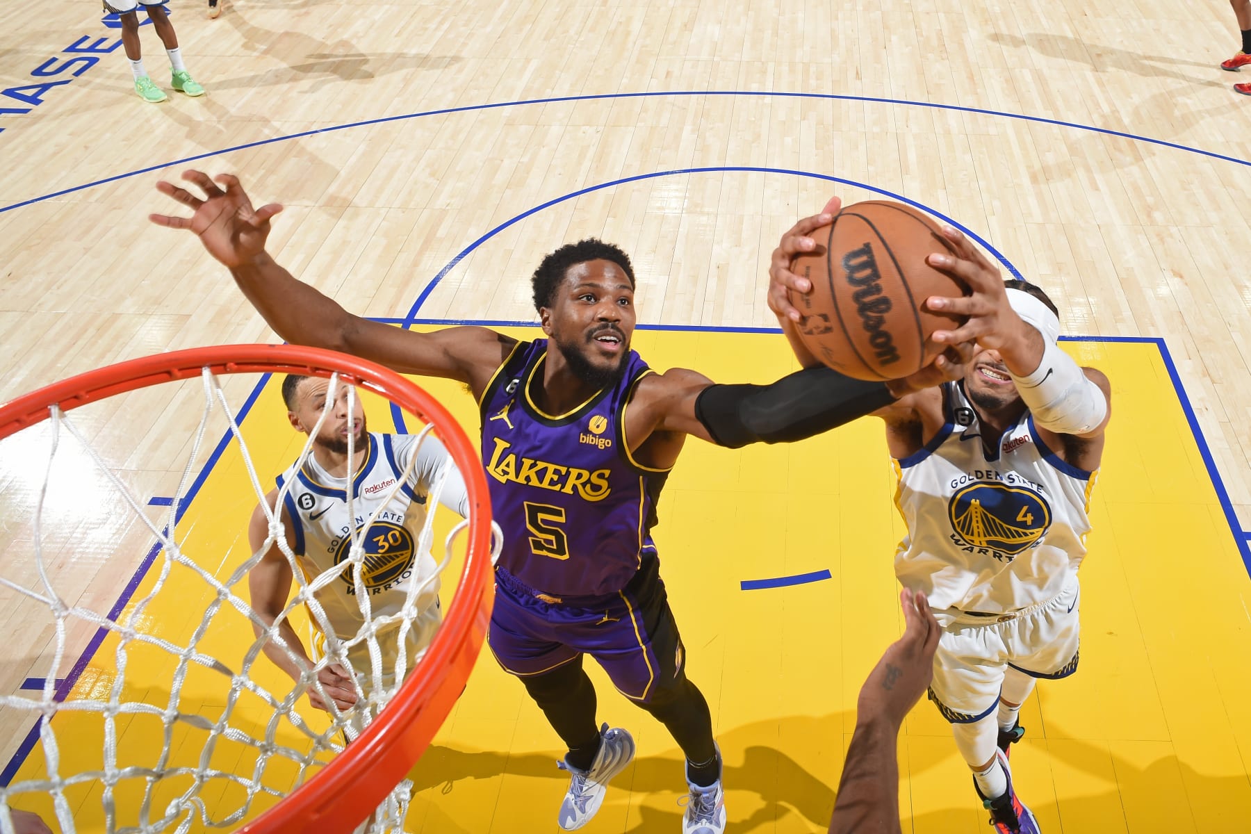 SAN FRANCISCO, CA - MAY 4: Malik Beasley #5 of the Los Angeles Lakers rebounds the ball during the game against the Golden State Warriors during the Western Conference Semi Finals of the 2023 NBA Playoffs on May 4, 2023 at Chase Center in San Francisco, California. NOTE TO USER: User expressly acknowledges and agrees that, by downloading and/or using this Photograph, user is consenting to the terms and conditions of the Getty Images License Agreement. Mandatory Copyright Notice: Copyright 2023 NBAE (Photo by Andrew D. Bernstein/NBAE via Getty Images)