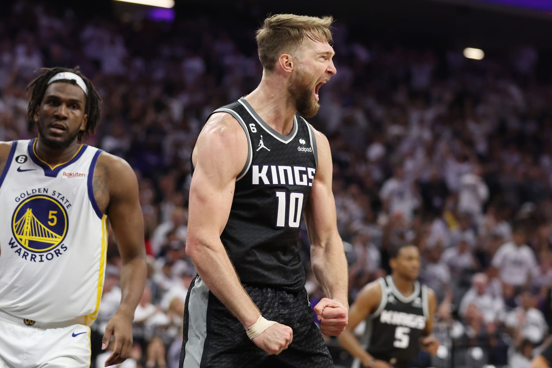 SACRAMENTO, CALIFORNIA - APRIL 30: Domantas Sabonis #10 of the Sacramento Kings reacts during the second quarter against the Golden State Warriors in game seven of the Western Conference First Round Playoffs at Golden 1 Center on April 30, 2023 in Sacramento, California. NOTE TO USER: User expressly acknowledges and agrees that, by downloading and or using this photograph, User is consenting to the terms and conditions of the Getty Images License Agreement. (Photo by Ezra Shaw/Getty Images)