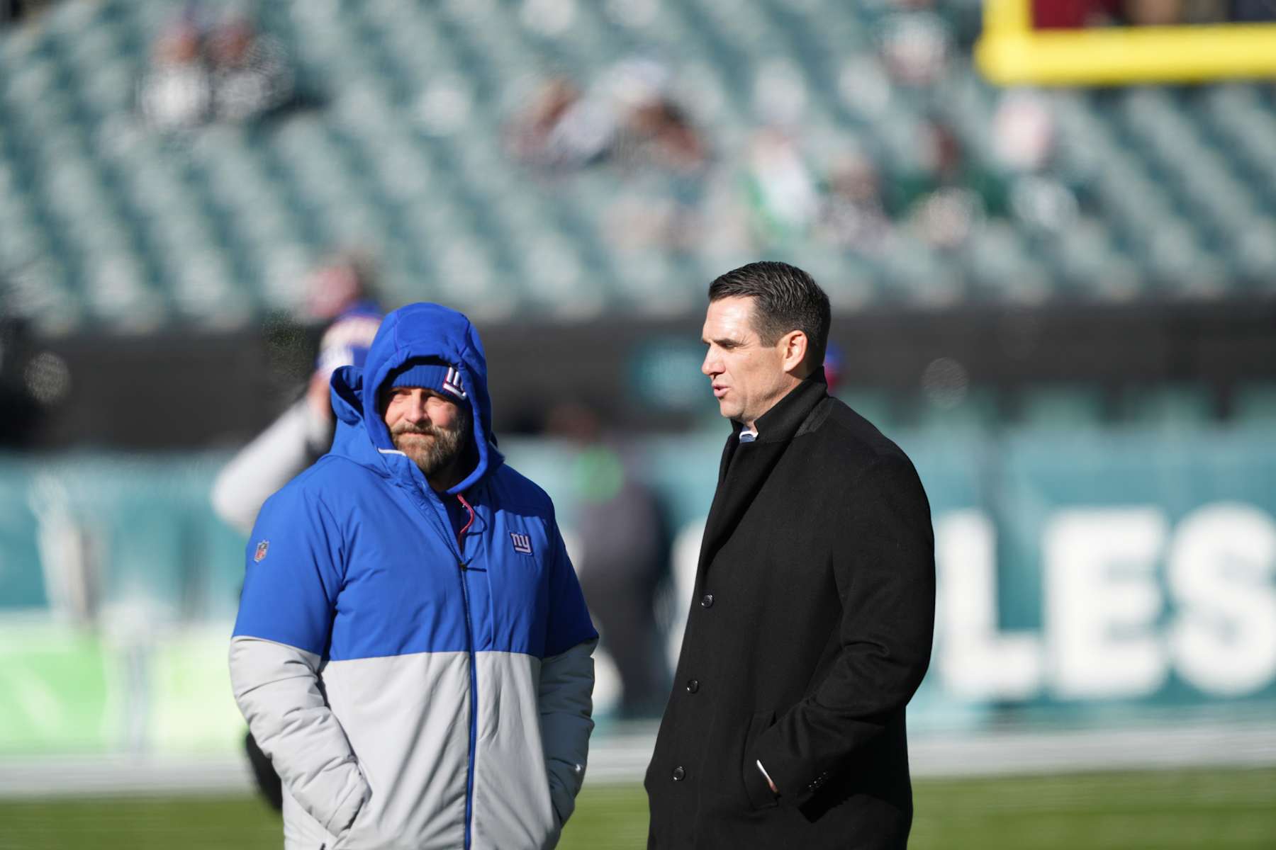 PHILADELPHIA, PA - JANUARY 05: New York Giants head coach Brian Daboll chats with New York Giants general manager Joe Schoen during the game between the Philadelphia Eagles and the New York Giants on January 5, 2025 at Lincoln Financial Field in Philadelphia, PA.(Photo by Andy Lewis/Icon Sportswire via Getty Images)
