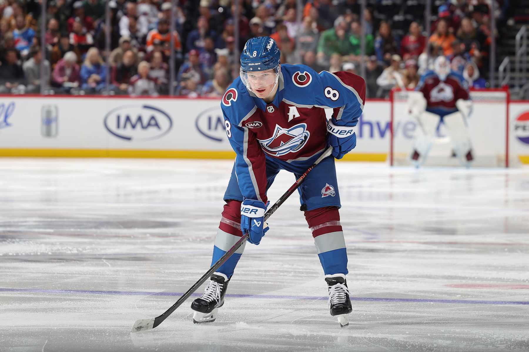DENVER, COLORADO - FEBRUARY 02: Cale Makar #8 of the Colorado Avalanche awaits a faceoff against the Philadelphia Flyers at Ball Arena on February 2, 2025 in Denver, Colorado. (Photo by Michael Martin/NHLI via Getty Images)