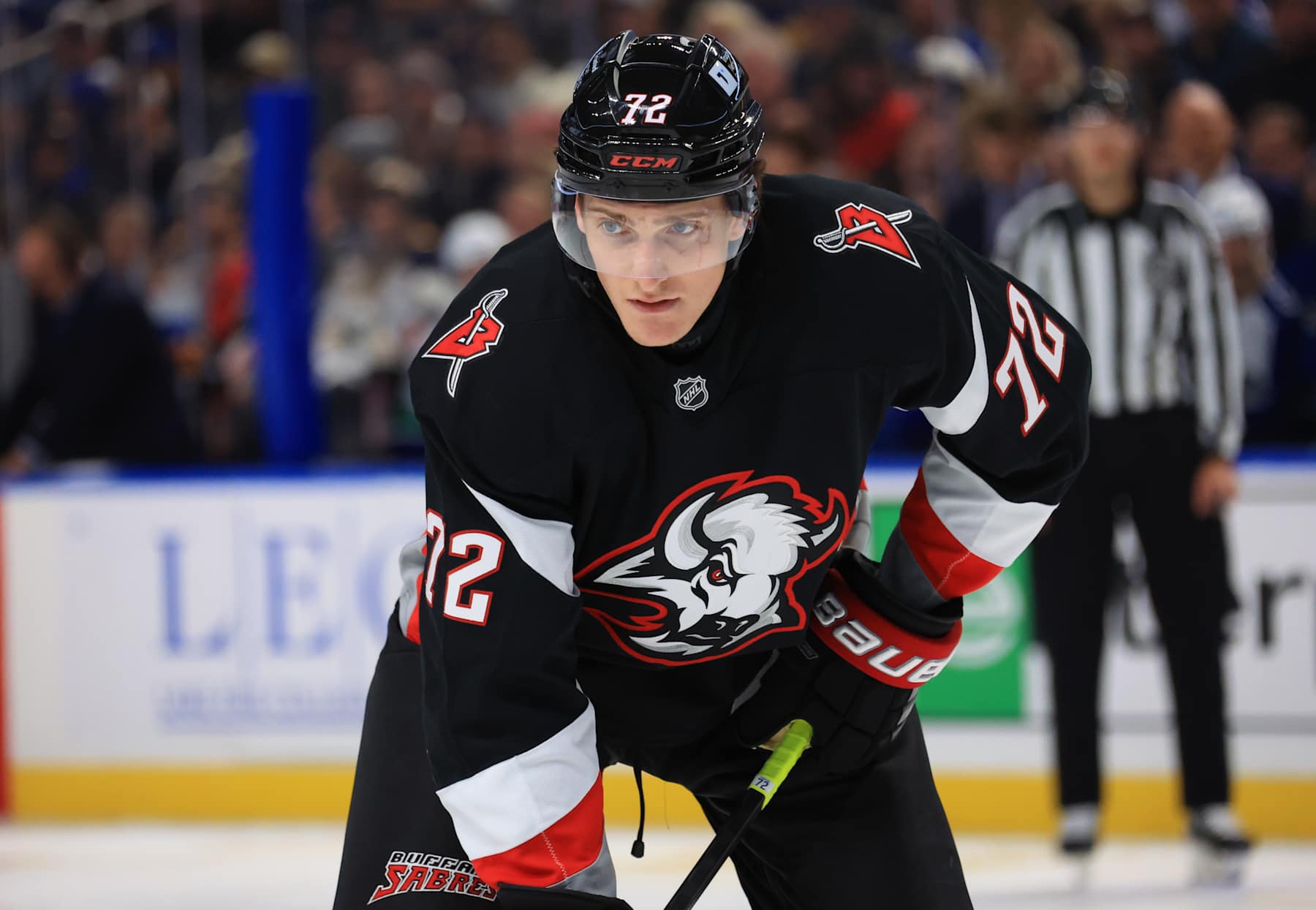 BUFFALO, NEW YORK - NOVEMBER 29: Tage Thompson #72 of the Buffalo Sabres prepares for a faceoff against the Vancouver Canucks during an NHL game on November 29, 2024 at KeyBank Center in Buffalo, New York. (Photo by Bill Wippert/NHLI via Getty Images)