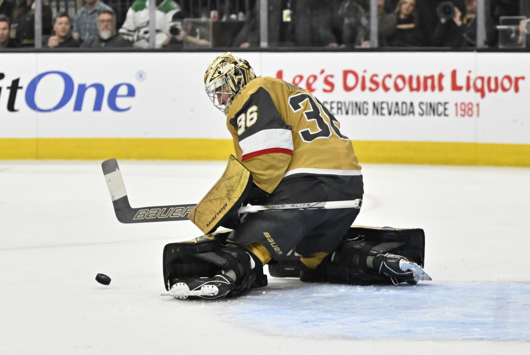 LAS VEGAS, NEVADA - APRIL 29: Logan Thompson #36 of the Vegas Golden Knights makes a save during the second period against the Dallas Stars in Game Four of the First Round of the 2024 Stanley Cup Playoffs at T-Mobile Arena on April 29, 2024 in Las Vegas, Nevada. (Photo by David Becker/NHLI via Getty Images)