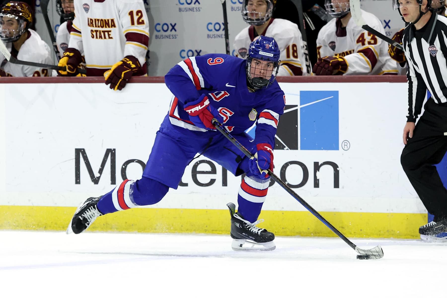 TEMPE, ARIZONA - DECEMBER 29: Jack Murtagh #9 of United States NTDP skates with the puck against the Arizona State Sun Devils at Mullett Arena on December 29, 2024 in Tempe, Arizona. (Photo by Zac BonDurant/Getty Images)
