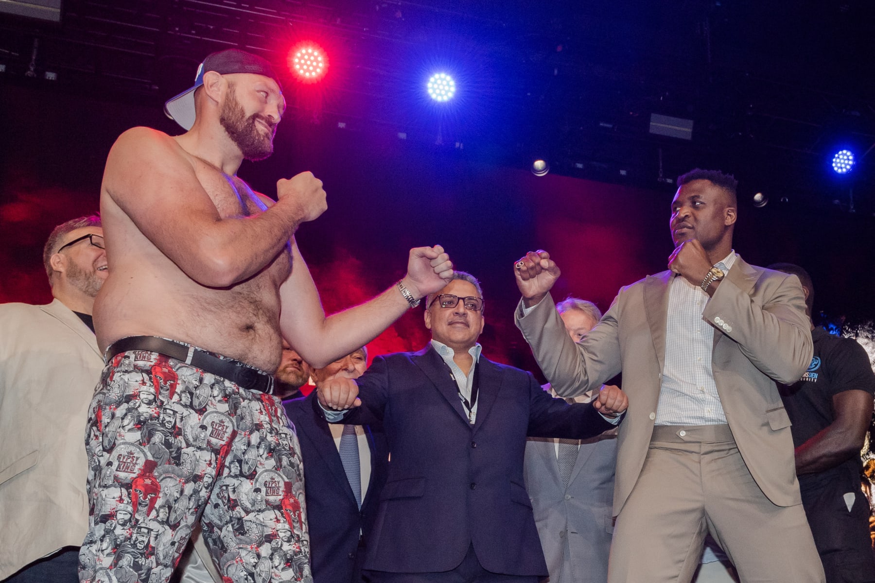 LONDON, UNITED KINGDOM - SEPTEMBER 07: Tyson Fury and Francis Ngannou face off during a kick-off press conference at the Here at Outernet in London, United Kingdom on September 07, 2023. Fury and Ngannou will take part in a 10-round boxing match on Saturday, October 28th in Riyadh, Saudi Arabia, which will mark the opening of this year's Riyadh Season. (Photo by Wiktor Szymanowicz/Anadolu Agency via Getty Images)