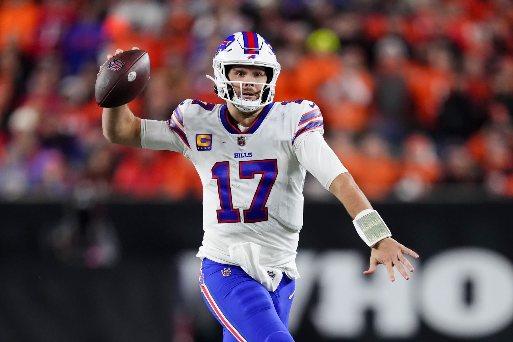 CINCINNATI, OHIO - NOVEMBER 05: Josh Allen #17 of the Buffalo Bills scrambles in the fourth quarter against the Cincinnati Bengals at Paycor Stadium on November 05, 2023 in Cincinnati, Ohio. (Photo by Dylan Buell/Getty Images)
