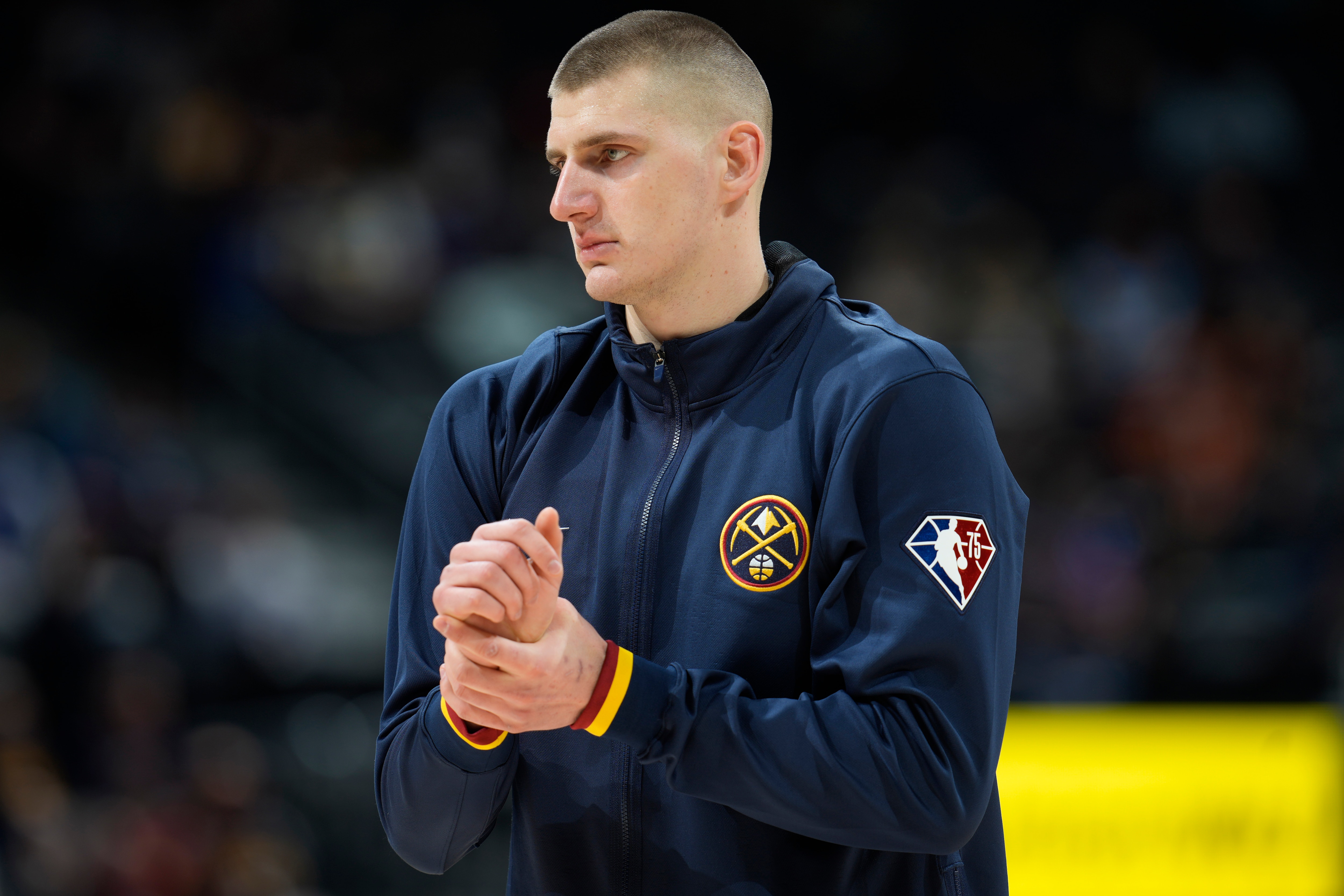 Denver Nuggets center Nikola Jokic (15) in the second half of an NBA basketball game Sunday, Jan. 23, 2022, in Denver. (AP Photo/David Zalubowski)