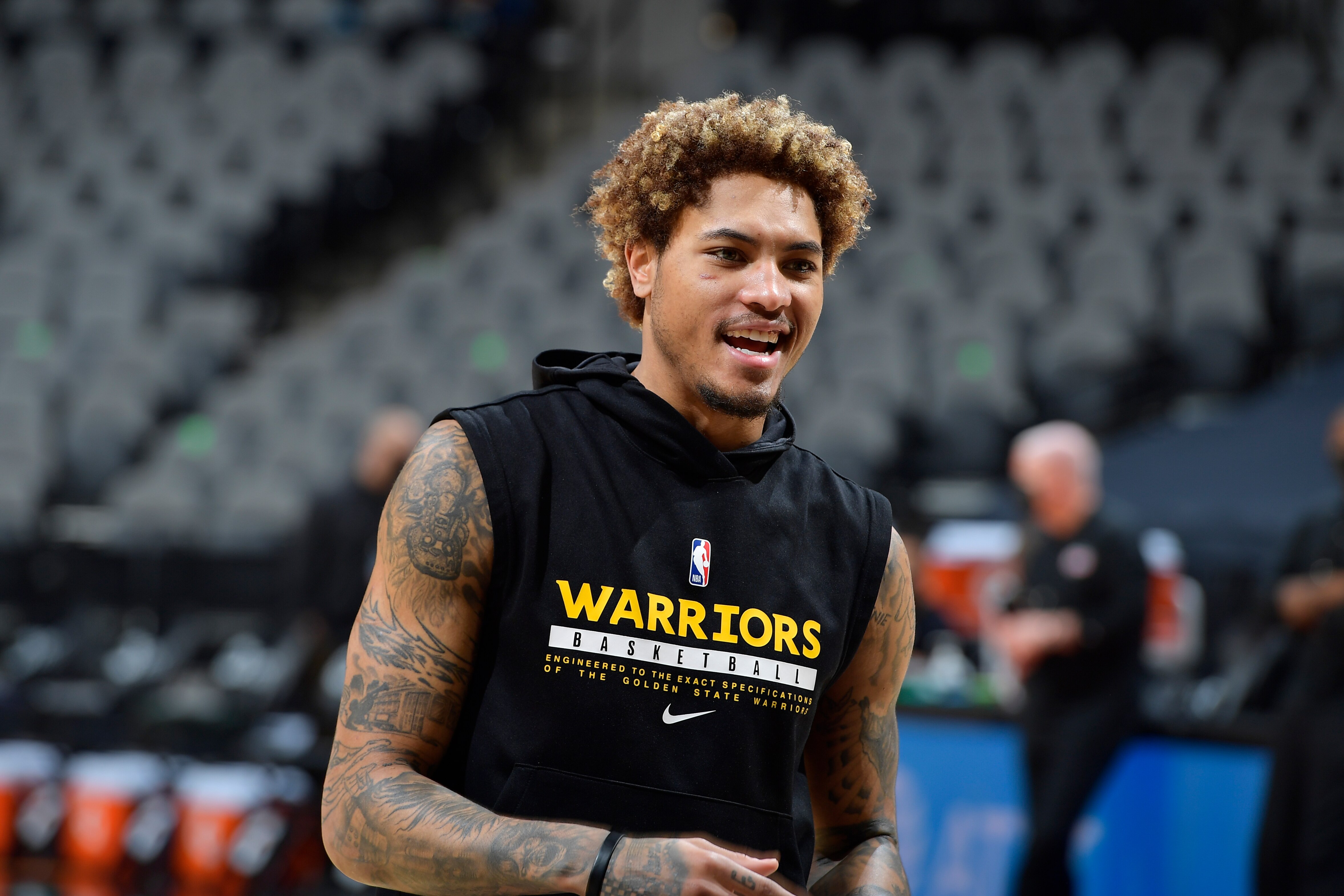 SAN ANTONIO, TX - FEBRUARY 9: Kelly Oubre Jr. #12 of the Golden State Warriors smiles before the game against the San Antonio Spurs on February 9, 2021 at the AT&T Center in San Antonio, Texas. NOTE TO USER: User expressly acknowledges and agrees that, by downloading and or using this photograph, user is consenting to the terms and conditions of the Getty Images License Agreement. Mandatory Copyright Notice: Copyright 2021 NBAE (Photos by Logan Riely/NBAE via Getty Images)