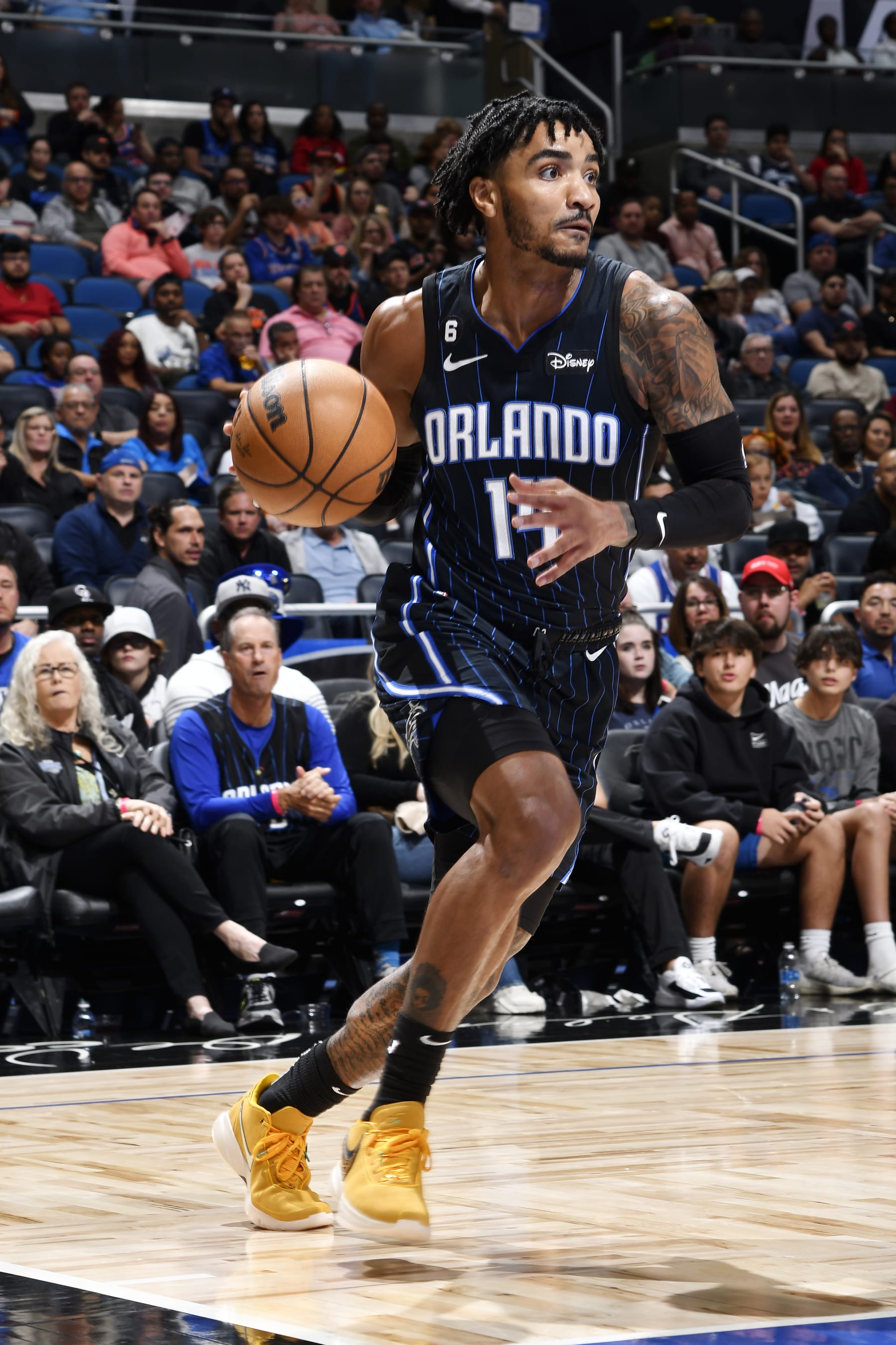 ORLANDO, FL -FEBRUARY 7: Gary Harris #14 of the Orlando Magic drives to the basket during the game against the New York Knicks on February 7, 2023 at Amway Center in Orlando, Florida. NOTE TO USER: User expressly acknowledges and agrees that, by downloading and or using this photograph, User is consenting to the terms and conditions of the Getty Images License Agreement. Mandatory Copyright Notice: Copyright 2022 NBAE (Photo by Fernando Medina/NBAE via Getty Images)