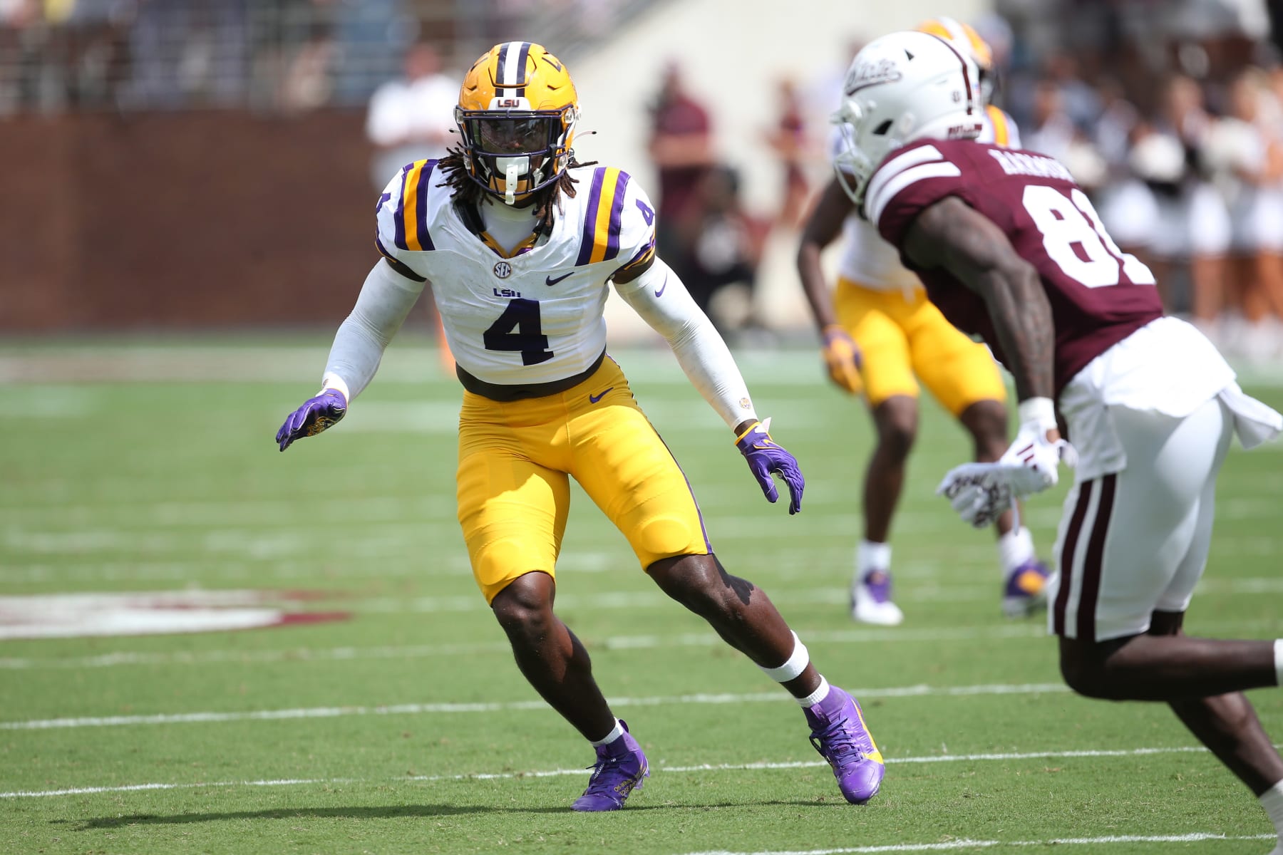 STARKVILLE, MS - SEPTEMBER 16: LSU Tigers linebacker Harold Perkins Jr. (4) during the game between the Mississippi State Bulldogs and the LSU Tigers on September 16, 2023 at Davis Wade Stadium in Starkville, Mississippi.  (Photo by Michael Wade/Icon Sportswire via Getty Images)