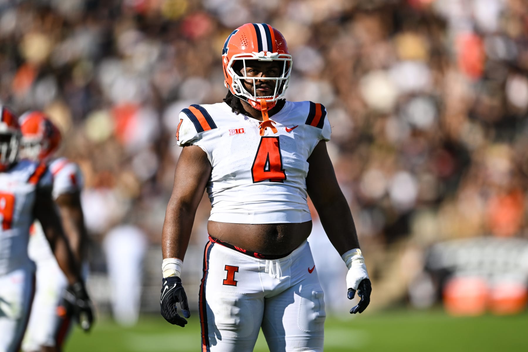 WEST LAFAYETTE, IN - SEPTEMBER 30: Illinois DT Jer'Zhan Newton (4) during a college football game between the Illinois Fighting Illini and Purdue Boilermakers on September 30, 2023 at Ross-Ade Stadium in West Lafayette, IN.  (Photo by James Black/Icon Sportswire via Getty Images)