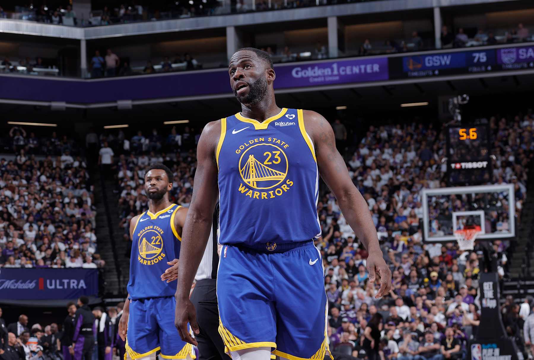SACRAMENTO, CA - APRIL 16: Draymond Green #23 of the Golden State Warriors looks on during the game against the Sacramento Kings during the 2024 Play-In Tournament on April 16, 2024 at Golden 1 Center in Sacramento, California. NOTE TO USER: User expressly acknowledges and agrees that, by downloading and or using this photograph, User is consenting to the terms and conditions of the Getty Images Agreement. Mandatory Copyright Notice: Copyright 2024 NBAE (Photo by Rocky Widner/NBAE via Getty Images)