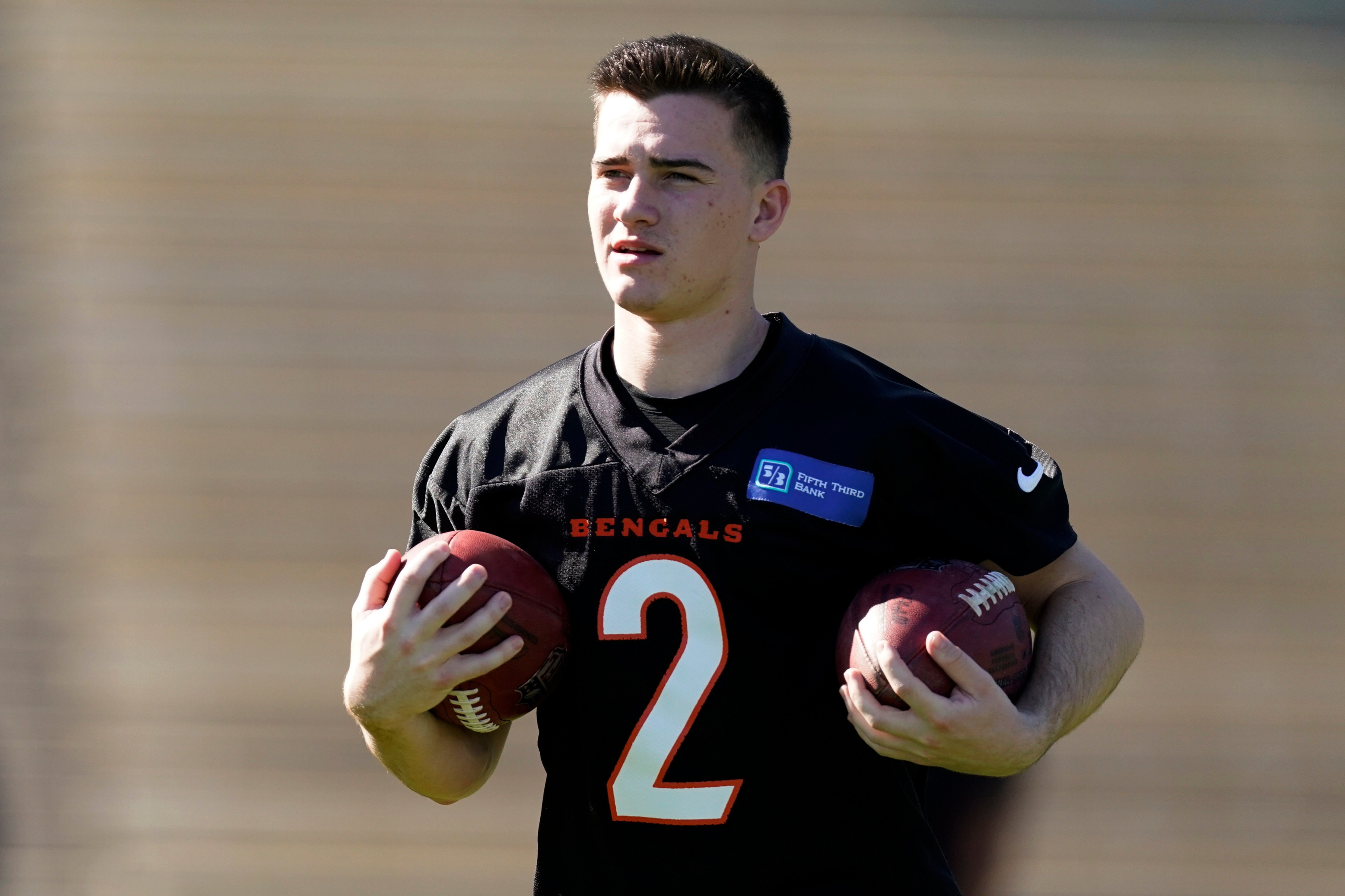 Cincinnati Bengals kicker Evan McPherson (2) warms up during NFL football practice Wednesday, Feb. 9, 2022, in Los Angeles. The Cincinnati Bengals play the Los Angeles Rams in the Super Bowl Feb. 13. (AP Photo/Marcio Jose Sanchez)