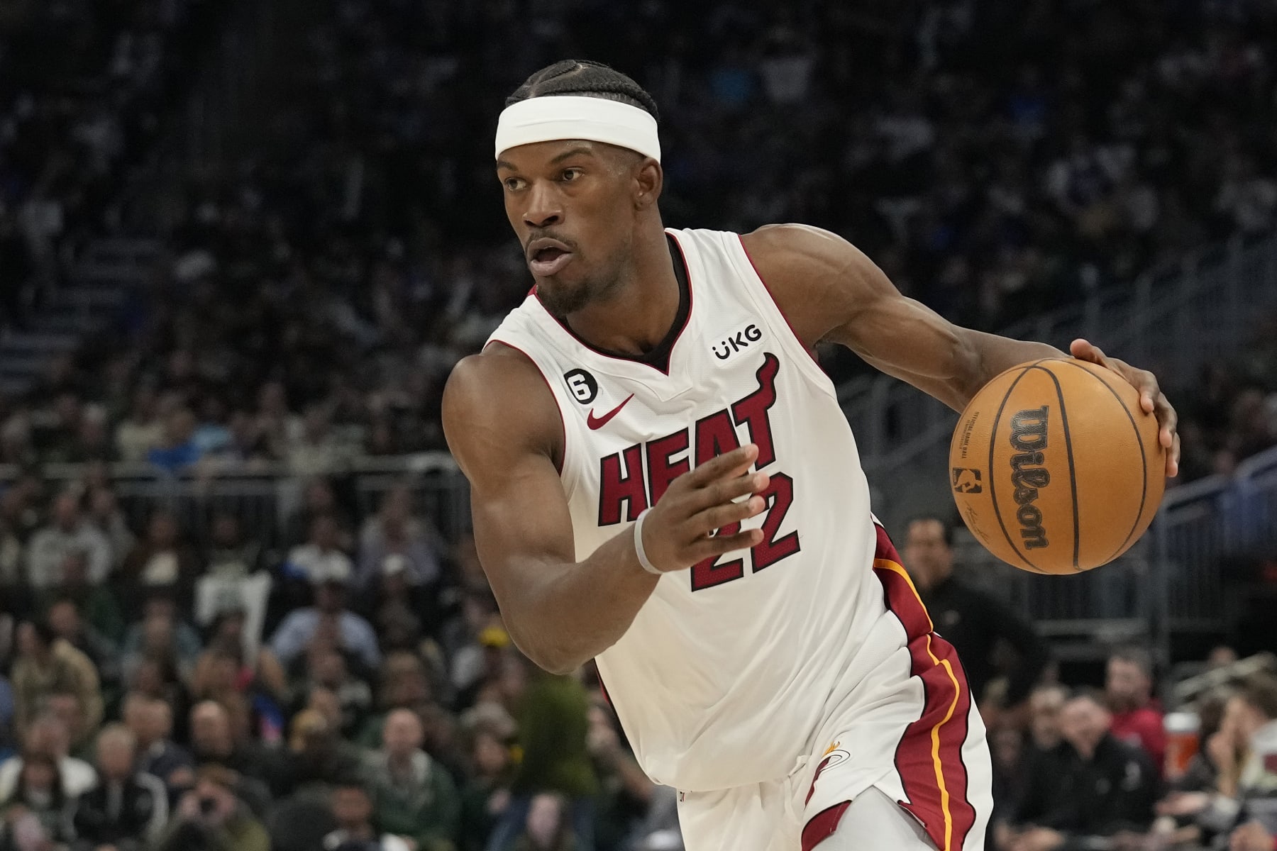 MILWAUKEE, WISCONSIN - APRIL 19: Jimmy Butler #22 of the Miami Heat dribbles the ball against the Milwaukee Bucks during the second half of Game Two of the Eastern Conference First Round Playoffs at Fiserv Forum on April 19, 2023 in Milwaukee, Wisconsin. NOTE TO USER: User expressly acknowledges and agrees that, by downloading and or using this photograph, user is consenting to the terms and conditions of the Getty Images License Agreement. (Photo by Patrick McDermott/Getty Images)