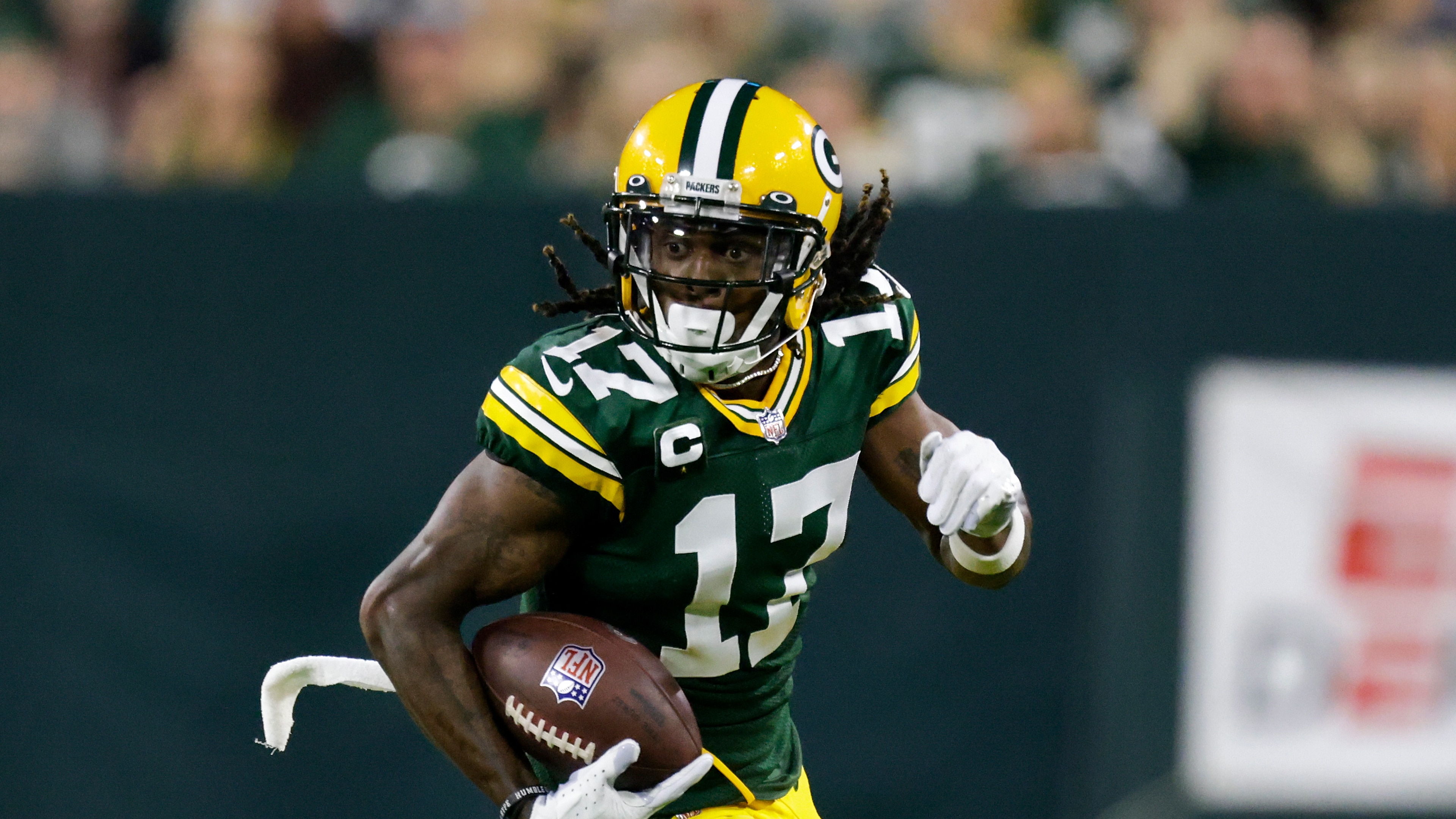 Green Bay Packers' Davante Adams during the first half of an NFL football game against the Detroit Lions Monday, Sept. 20, 2021, in Green Bay, Wis. (AP Photo/Matt Ludtke)