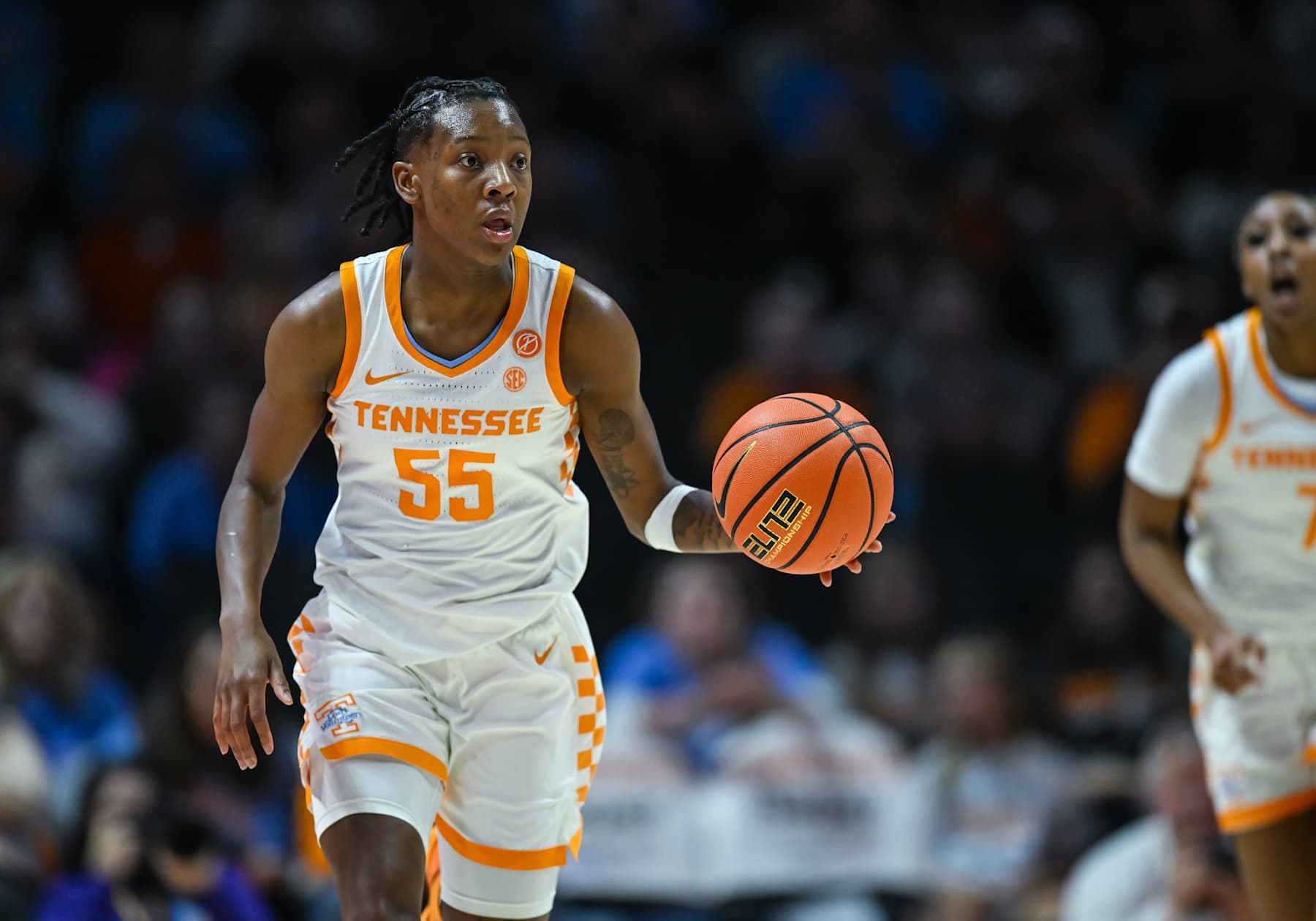KNOXVILLE, TN - JANUARY 09: Tennessee Lady Vols guard Talaysia Cooper (55) brings the ball up court during a women's college basketball game between the Tennessee Lady Vols and the LSU Lady Tigers on January 9, 2025, at Food City Center in Knoxville, TN. (Photo by Bryan Lynn/Icon Sportswire via Getty Images)