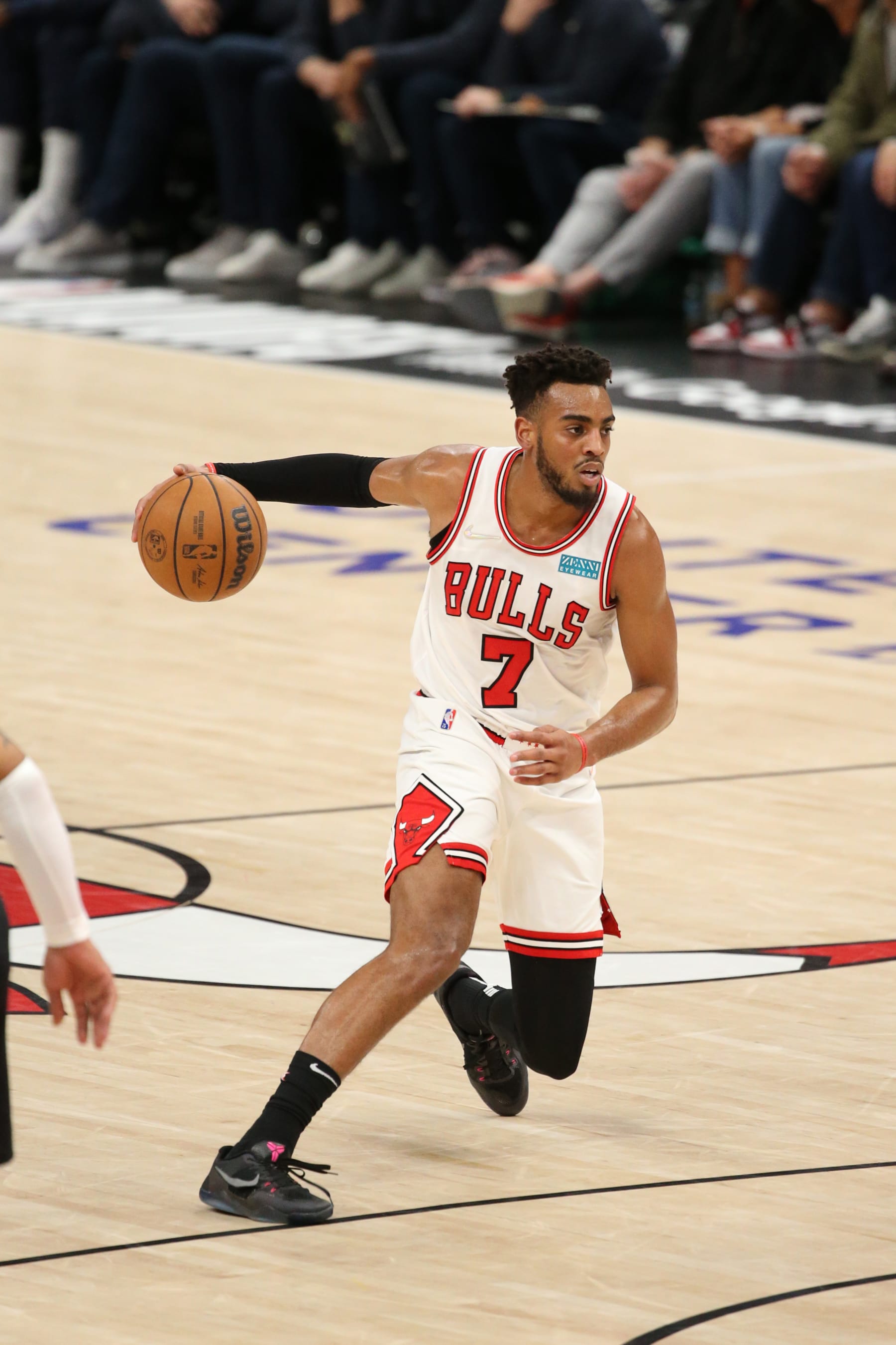 CHICAGO, IL - APRIL 22: Troy Brown Jr. #7 of the Chicago Bulls dribbles the ball during the game against the Milwaukee Bucks during Round 1 Game 3 of the NBA Playoffs on April 22, 2022 at the United Center in Chicago, Illinois. NOTE TO USER: User expressly acknowledges and agrees that, by downloading and or using this Photograph, user is consenting to the terms and conditions of the Getty Images License Agreement. Mandatory Copyright Notice: Copyright 2022 NBAE (Photo by Gary Dineen/NBAE via Getty Images). CHICAGO, IL - APRIL 22: Troy Brown Jr. #7 of the Chicago Bulls dribbles the ball during the game against the Milwaukee Bucks during Round 1 Game 3 of the NBA Playoffs on April 22, 2022 at the United Center in Chicago, Illinois. NOTE TO USER: User expressly acknowledges and agrees that, by downloading and or using this Photograph, user is consenting to the terms and conditions of the Getty Images License Agreement. Mandatory Copyright Notice: Copyright 2022 NBAE (Photo by Gary Dineen/NBAE via Getty Images).