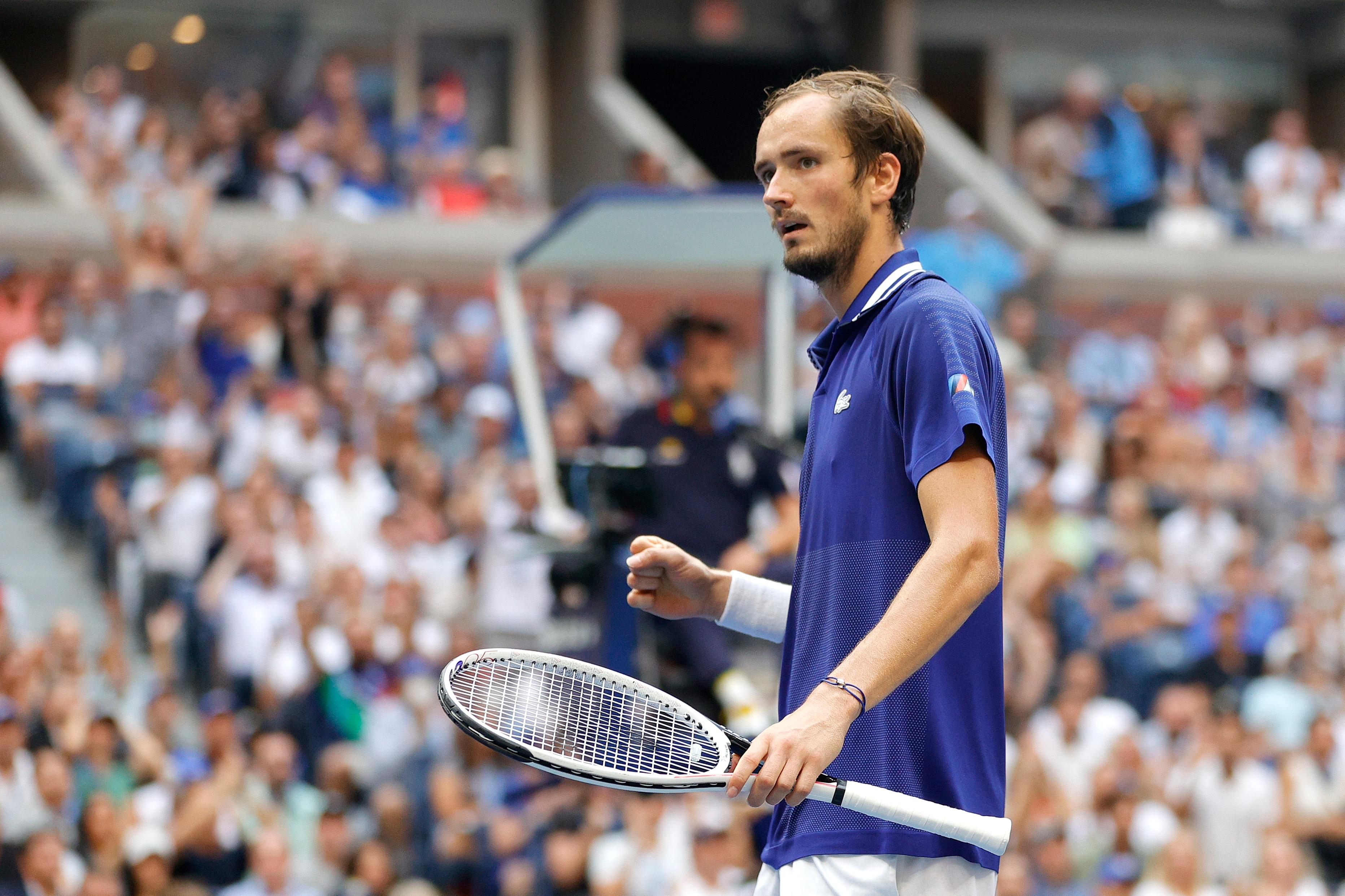 NEW YORK, NEW YORK - SEPTEMBER 12: Daniil Medvedev of Russia celebrates winning the second set against Novak Djokovic of Serbia during their Men's Singles final match on Day Fourteen of the 2021 US Open at the USTA Billie Jean King National Tennis Center on September 12, 2021 in the Flushing neighborhood of the Queens borough of New York City.  (Photo by Sarah Stier/Getty Images)