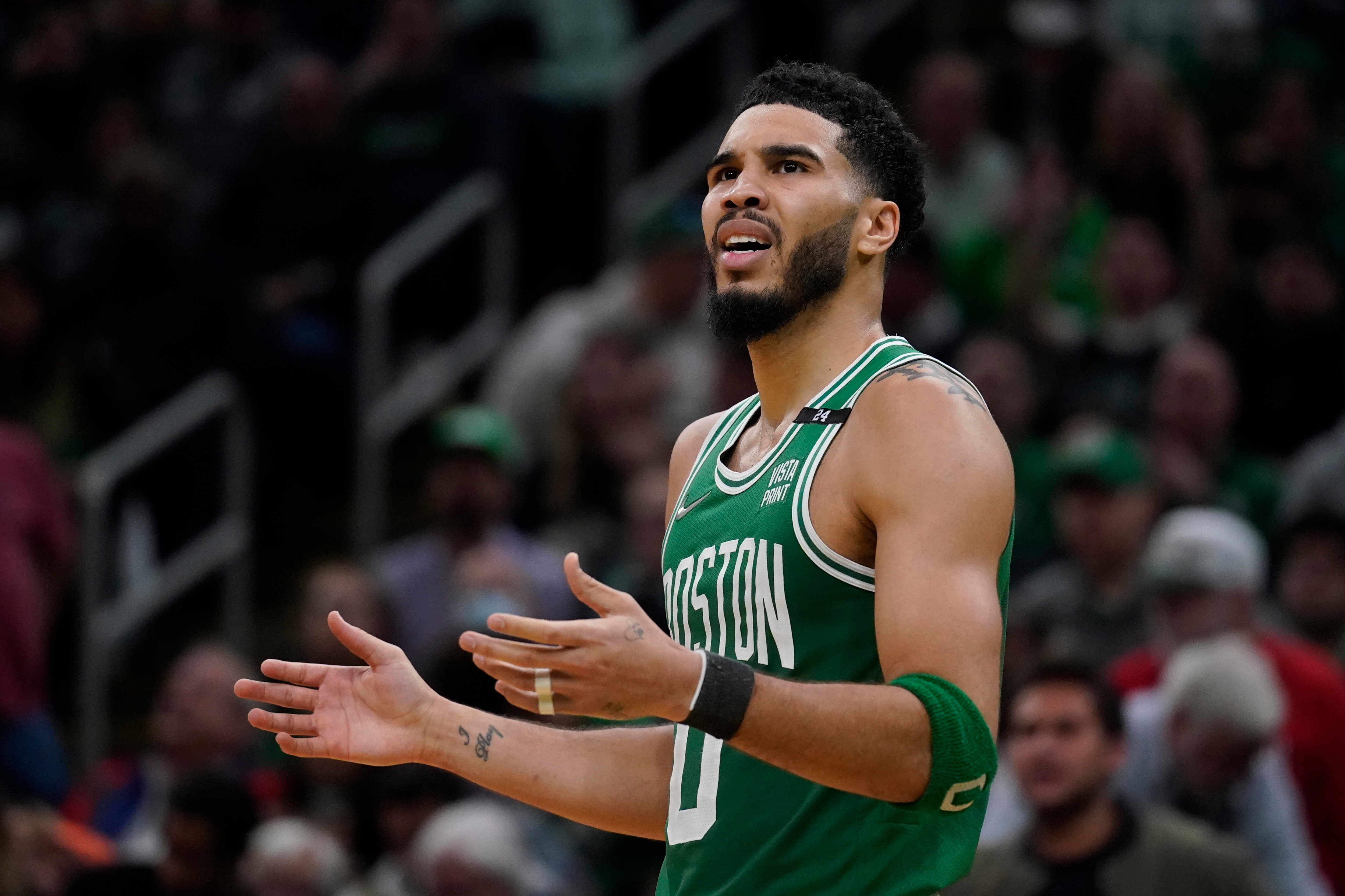 Boston Celtics forward Jayson Tatum (0) during Game 2 in the second round of the NBA Eastern Conference basketball playoff series, Tuesday, May 3, 2022, in Boston. (AP Photo/Charles Krupa)