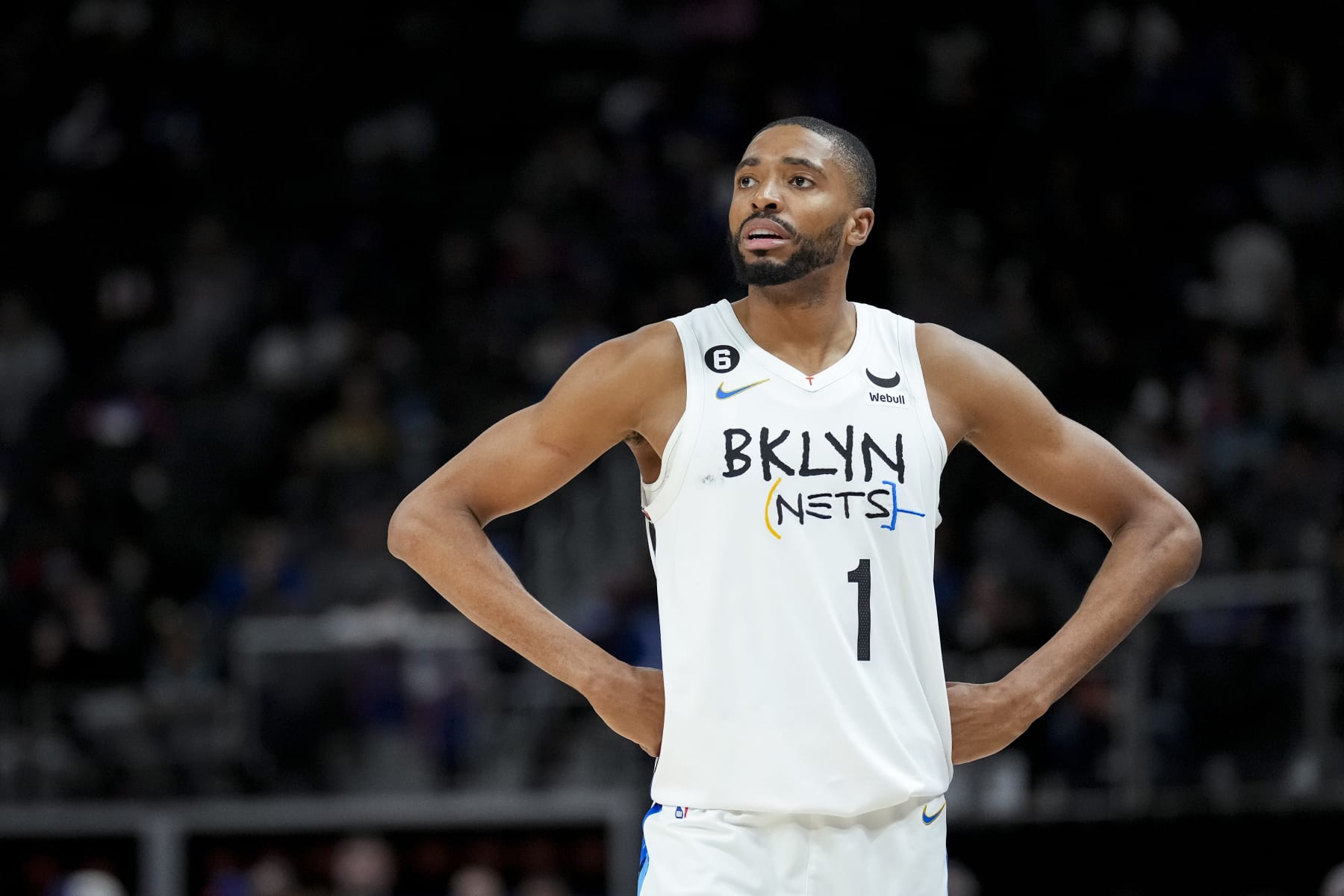 DETROIT, MICHIGAN - APRIL 05: Mikal Bridges #1 of the Brooklyn Nets looks on against the Detroit Pistons at Little Caesars Arena on April 05, 2023 in Detroit, Michigan. NOTE TO USER: User expressly acknowledges and agrees that, by downloading and or using this photograph, User is consenting to the terms and conditions of the Getty Images License Agreement. (Photo by Nic Antaya/Getty Images)