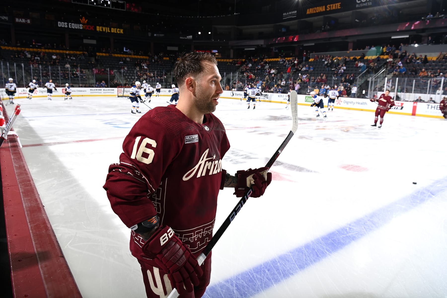 TEMPE, ARIZONA - DECEMBER 02: Jason Zucker #16 of the Arizona Coyotes prepares for a game against the St Louis Blues at Mullett Arena on December 02, 2023 in Tempe, Arizona. (Photo by Norm Hall/NHLI via Getty Images) TEMPE, ARIZONA - DECEMBER 02: Jason Zucker #16 of the Arizona Coyotes prepares for a game against the St Louis Blues at Mullett Arena on December 02, 2023 in Tempe, Arizona. (Photo by Norm Hall/NHLI via Getty Images)