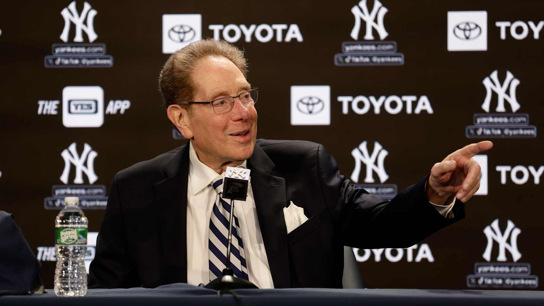 NEW YORK, NEW YORK - APRIL 20:  Long time New York Yankees radio broadcaster John Sterling speaks to the media prior to a game against the Tampa Bay Rays at Yankee Stadium on April 20, 2024 in New York City. (Photo by Jim McIsaac/Getty Images)