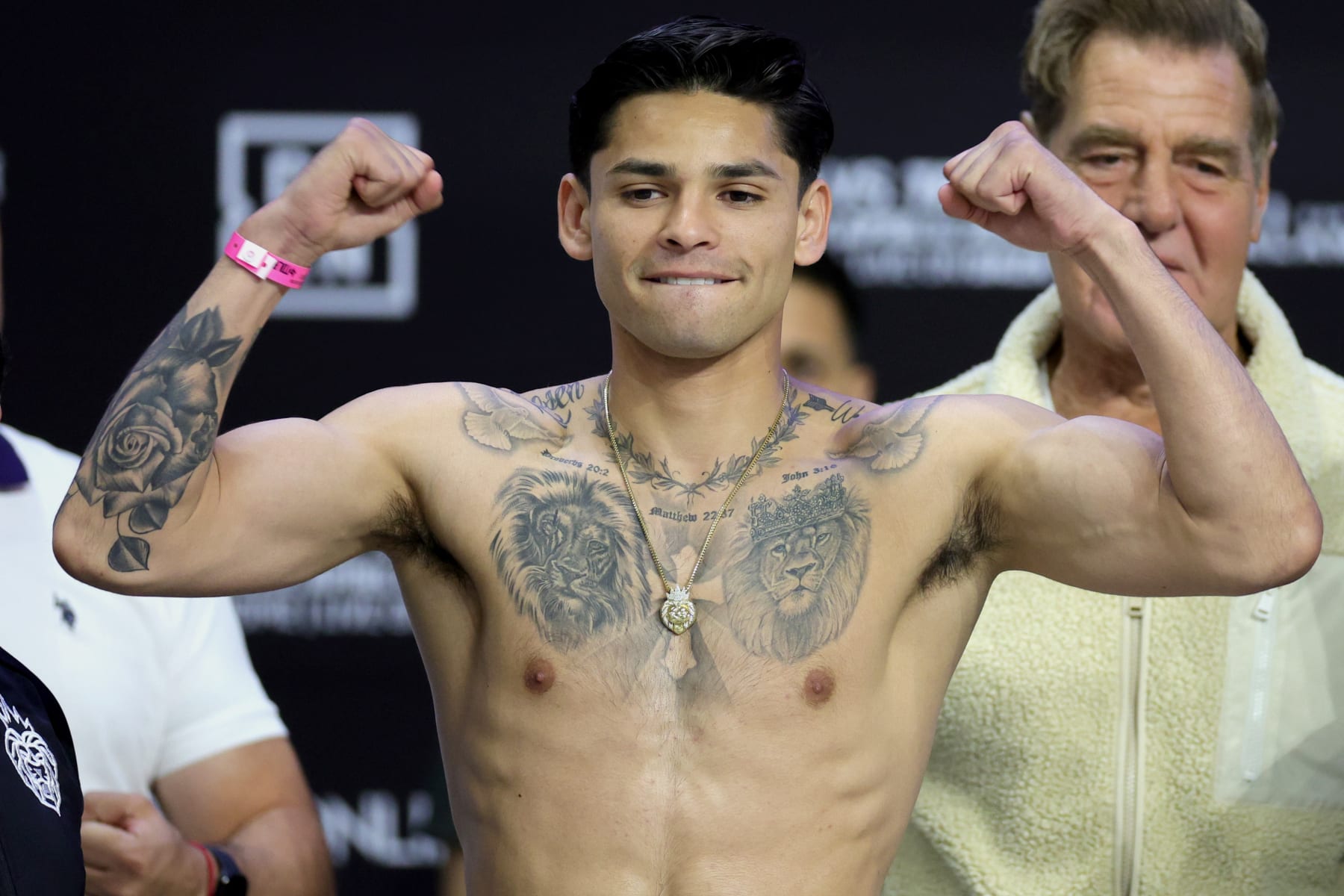 SAN ANTONIO, TEXAS - APRIL 08: Ryan Garcia stands on the scale during his weigh in at the Alamodome on April 08, 2022 in San Antonio, Texas. (Photo by Carmen Mandato/Getty Images)