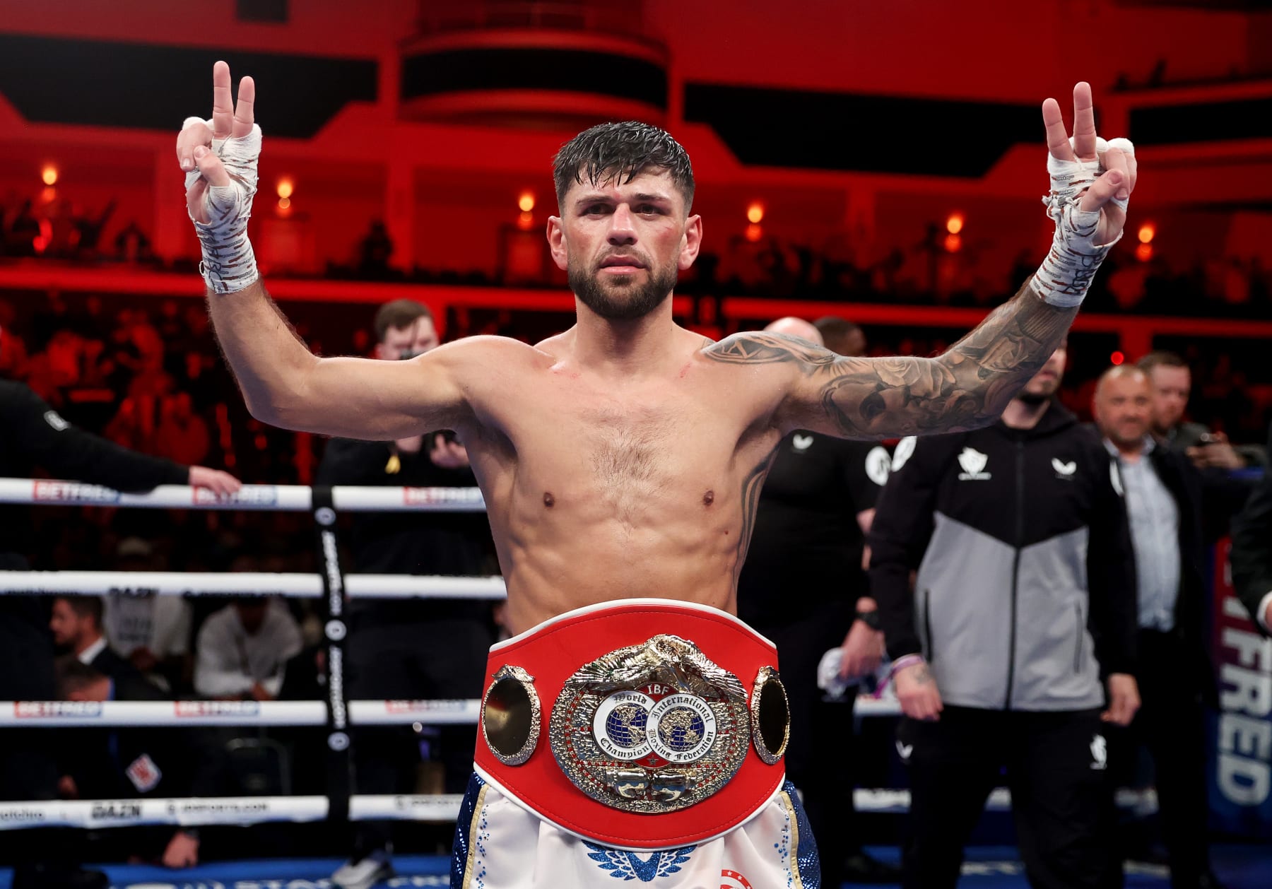 CARDIFF, WALES - APRIL 22: Joe Cordina celebrates victory with their Title Belt after defeating Shavkatdzhon Rakimov (not pictured) during the IBF Super Flyweight World Title fight between Shavkatdzhon Rakimov and Joe Cordina at Motorpoint Arena Cardiff on April 22, 2023 in Cardiff, Wales. (Photo by James Chance/Getty Images)