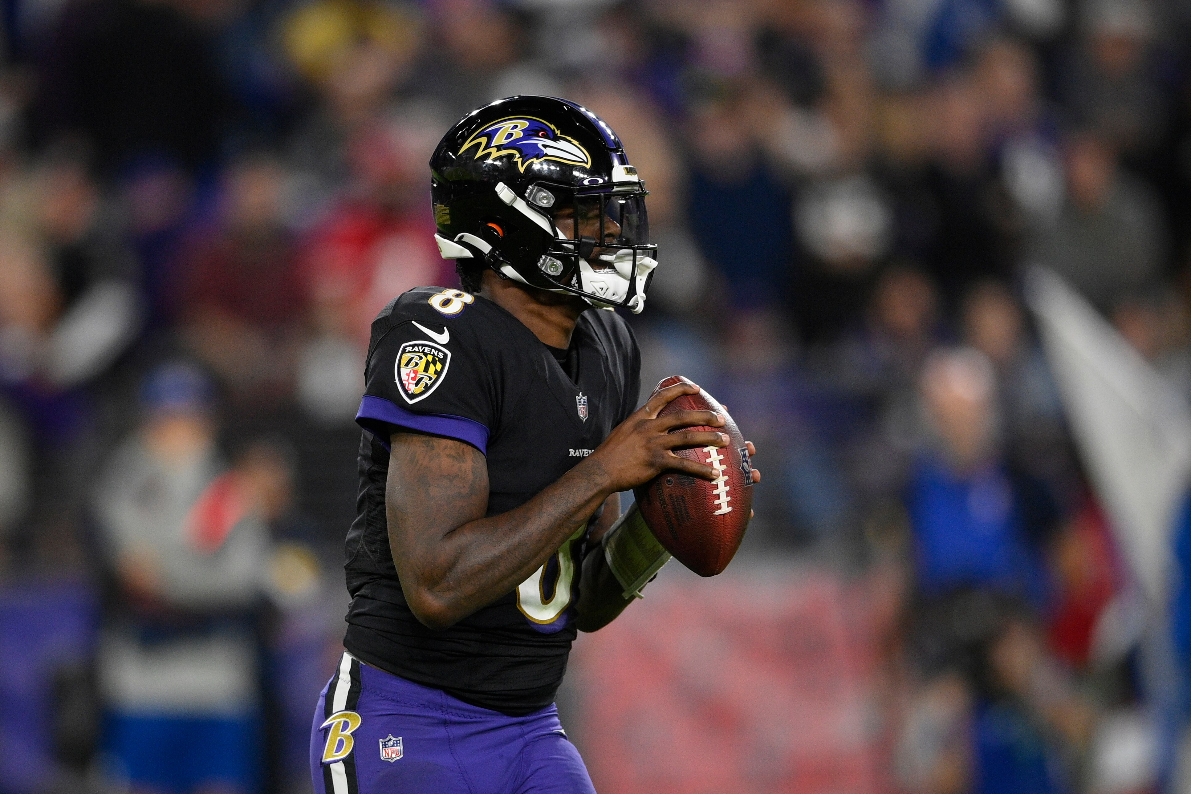 Baltimore Ravens quarterback Lamar Jackson (8) in action during the second half of an NFL football game against the Indianapolis Colts, Monday, Oct. 11, 2021, in Baltimore. (AP Photo/Nick Wass)