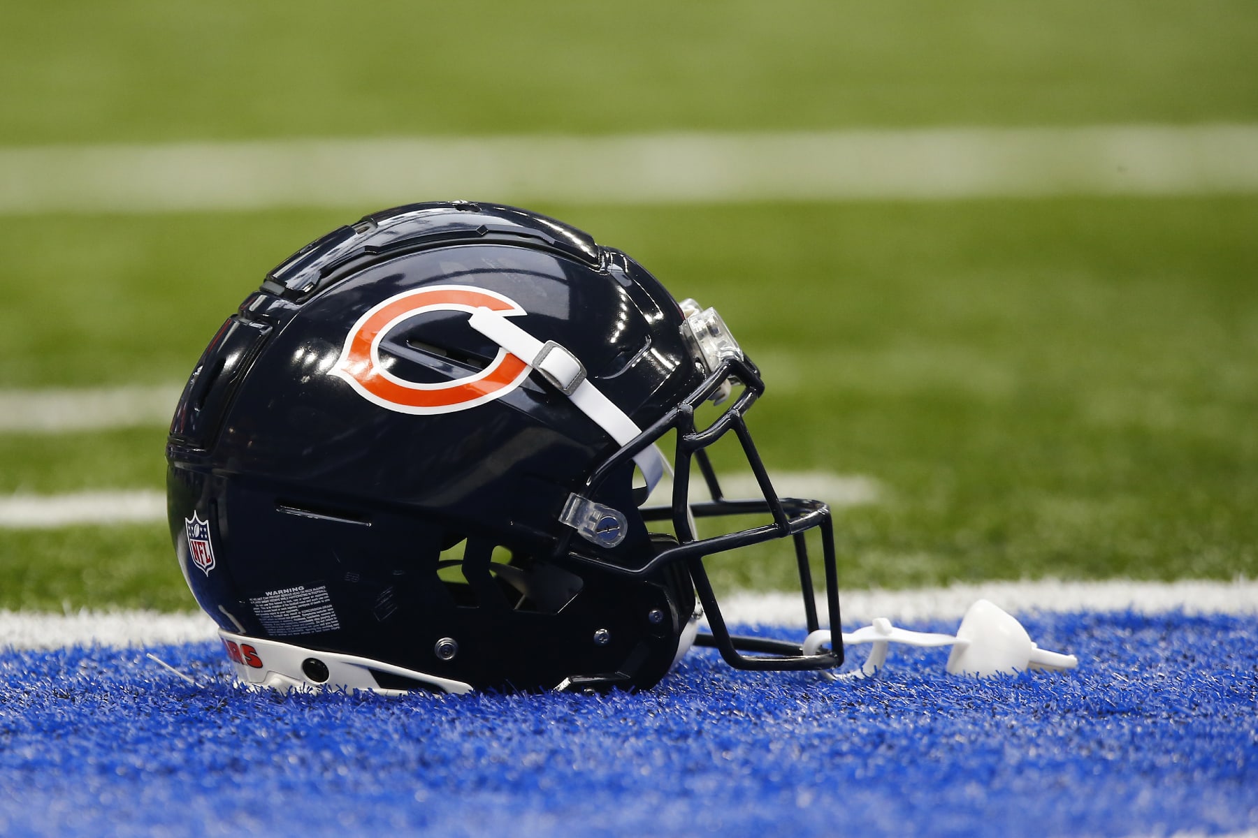 INDIANAPOLIS, IN - AUGUST 19: A Chicago Bears helmet sits on the turf prior to the start of a preseason game between the Chicago Bears and the Indianapolis Colts on August 19, 2023 at Lucas Oil Stadium in Indianapolis, IN. (Photo by Jeffrey Brown/Icon Sportswire via Getty Images)