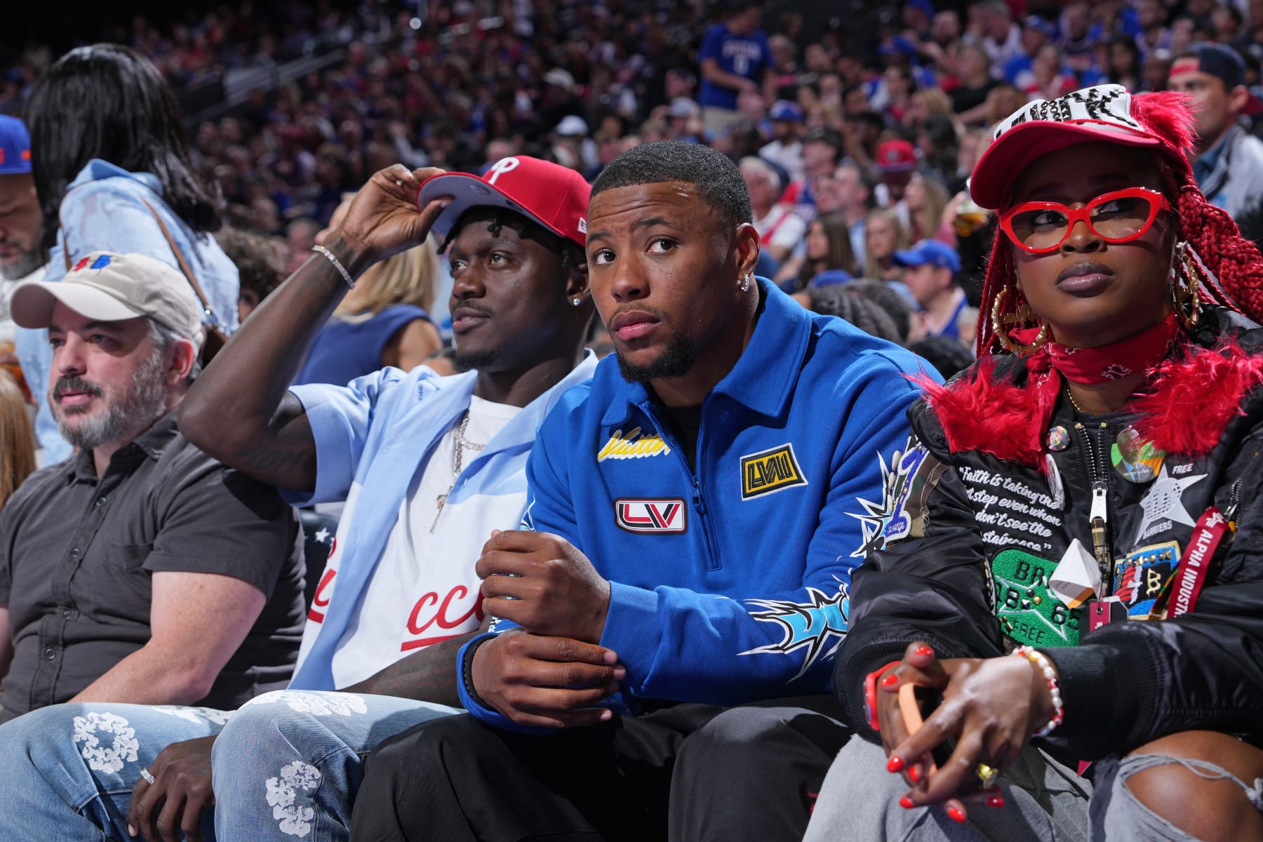 PHILADELPHIA, PA - MAY 2: A.J. Brown and Saquon Barkley attends the game between the New York Knicks and the Philadelphia 76ers during Round 1 Game 6 of the 2024 NBA Playoffs on May 2, 2024 at the Wells Fargo Center in Philadelphia, Pennsylvania NOTE TO USER: User expressly acknowledges and agrees that, by downloading and/or using this Photograph, user is consenting to the terms and conditions of the Getty Images License Agreement. Mandatory Copyright Notice: Copyright 2024 NBAE (Photo by Jesse D. Garrabrant/NBAE via Getty Images)