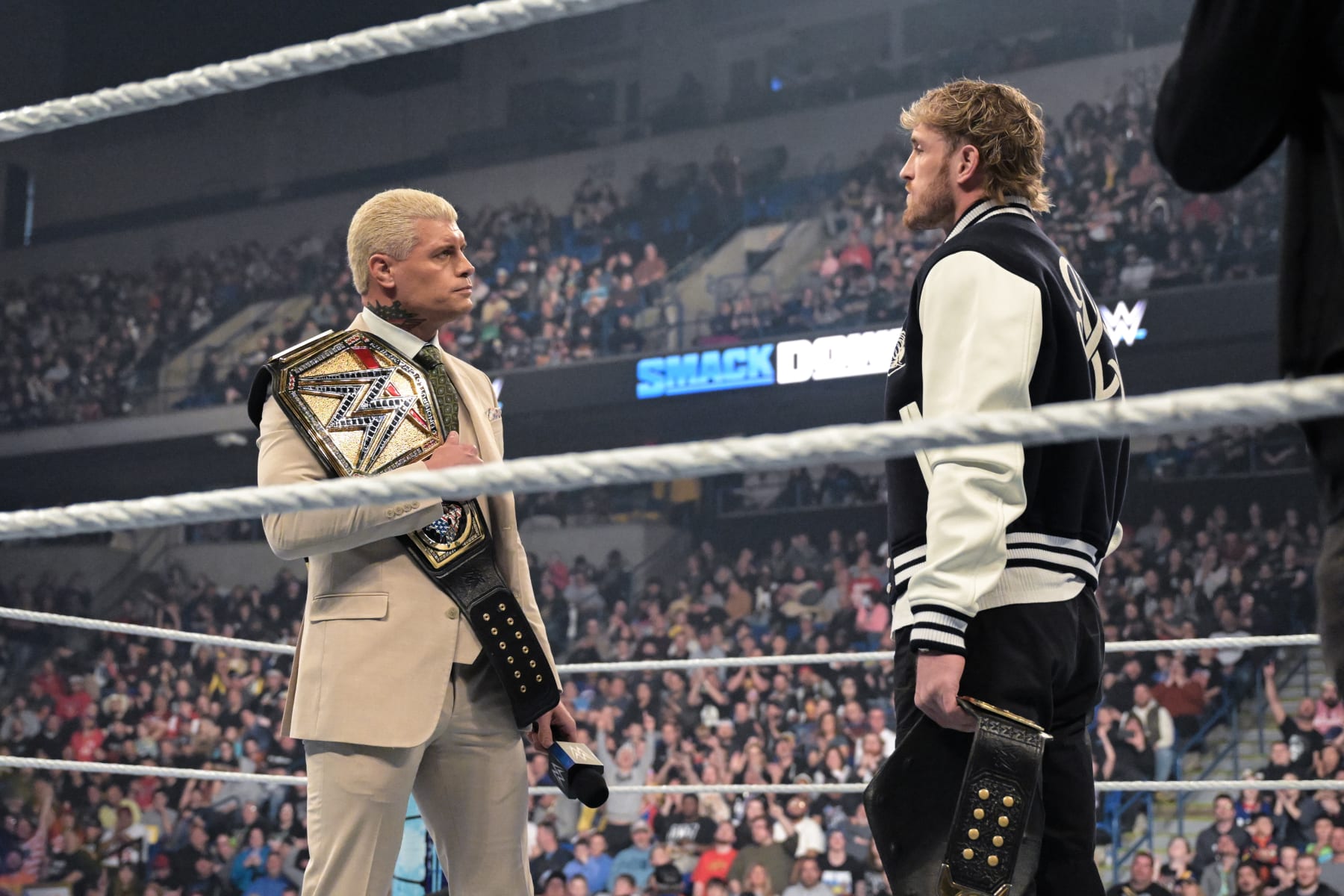 WILKES-BARRE, PENNSYLVANIA - MAY 10: Cody Rhodes and Logan Paul face off during SmackDown at Mohegan Sun Arena at Casey Plaza on May 10, 2024 in Wilkes-Barre, Pennsylvania.  (Photo by WWE/Getty Images)
