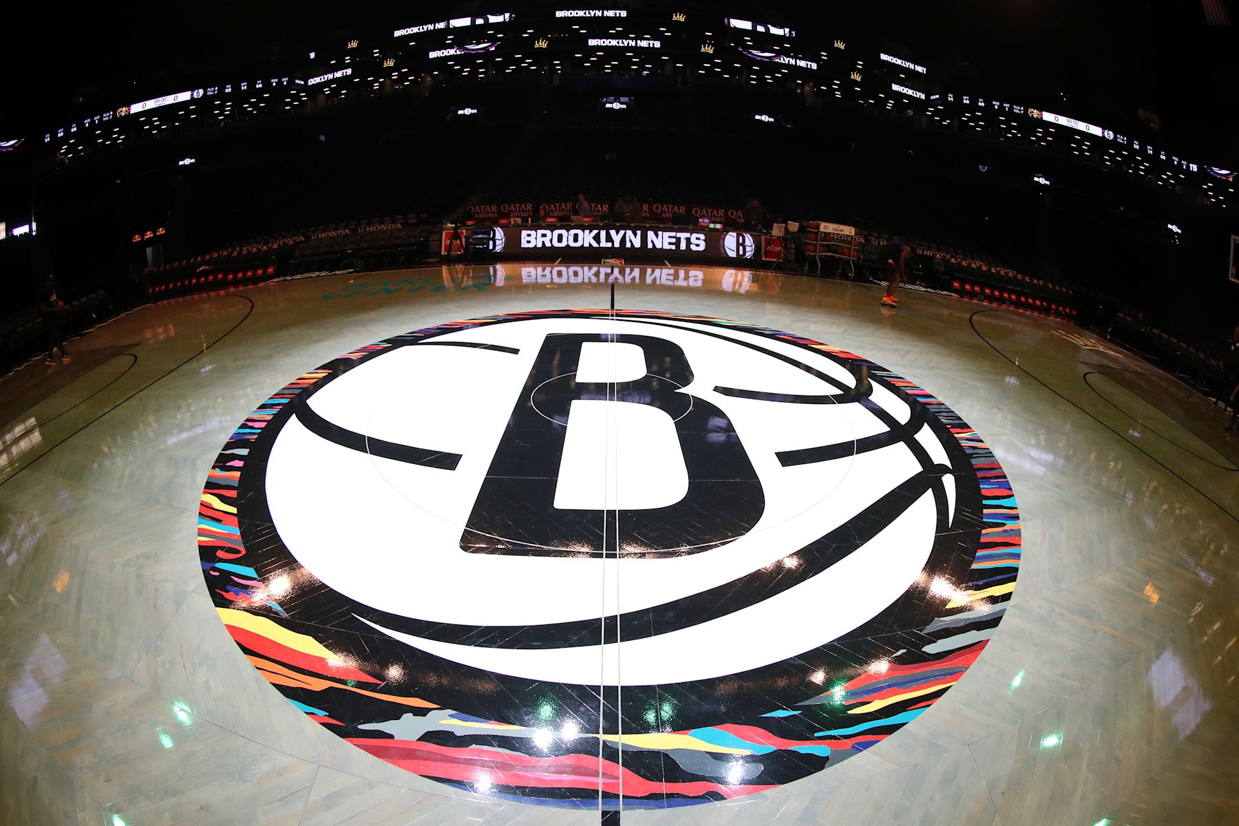 BROOKLYN, NY - DECEMBER 8:  A close up shot of the Brooklyn Nets half court logo on December 8, 2019 at Barclays Center in Brooklyn, New York. NOTE TO USER: User expressly acknowledges and agrees that, by downloading and or using this Photograph, user is consenting to the terms and conditions of the Getty Images License Agreement. Mandatory Copyright Notice: Copyright 2019 NBAE (Photo by Nathaniel S. Butler/NBAE via Getty Images)