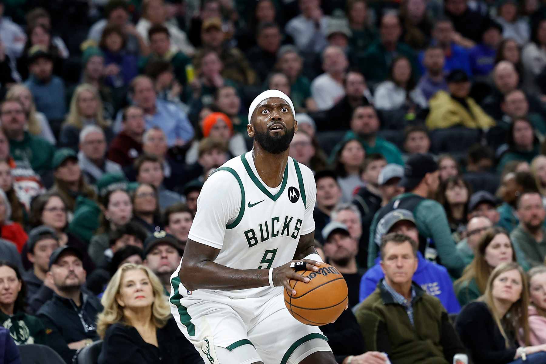 MILWAUKEE, WISCONSIN - JANUARY 04: Bobby Portis #9 of the Milwaukee Bucks looks to shoot during the second half of the game against the Portland Trail Blazers at Fiserv Forum on January 04, 2025 in Milwaukee, Wisconsin. NOTE TO USER: User expressly acknowledges and agrees that, by downloading and or using this photograph, User is consenting to the terms and conditions of the Getty Images License Agreement. (Photo by John Fisher/Getty Images)