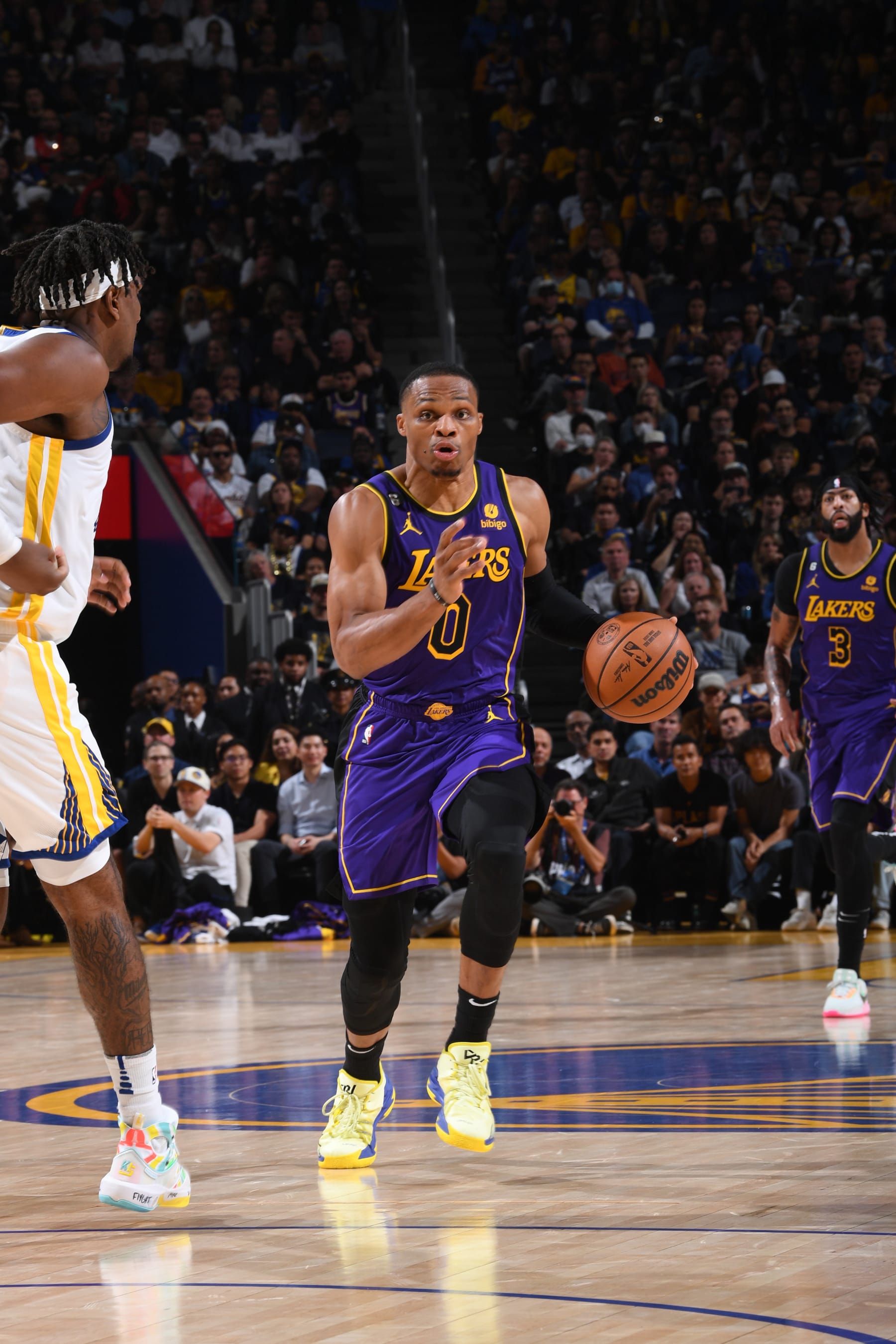 SAN FRANCISCO, CA - OCTOBER 18: Russell Westbrook #0 of the Los Angeles Lakers dribbles the ball during the game against the Golden State Warriors on October 18, 2022 at Chase Center in San Francisco, California. NOTE TO USER: User expressly acknowledges and agrees that, by downloading and or using this photograph, user is consenting to the terms and conditions of Getty Images License Agreement. Mandatory Copyright Notice: Copyright 2022 NBAE (Photo by Noah Graham/NBAE via Getty Images)