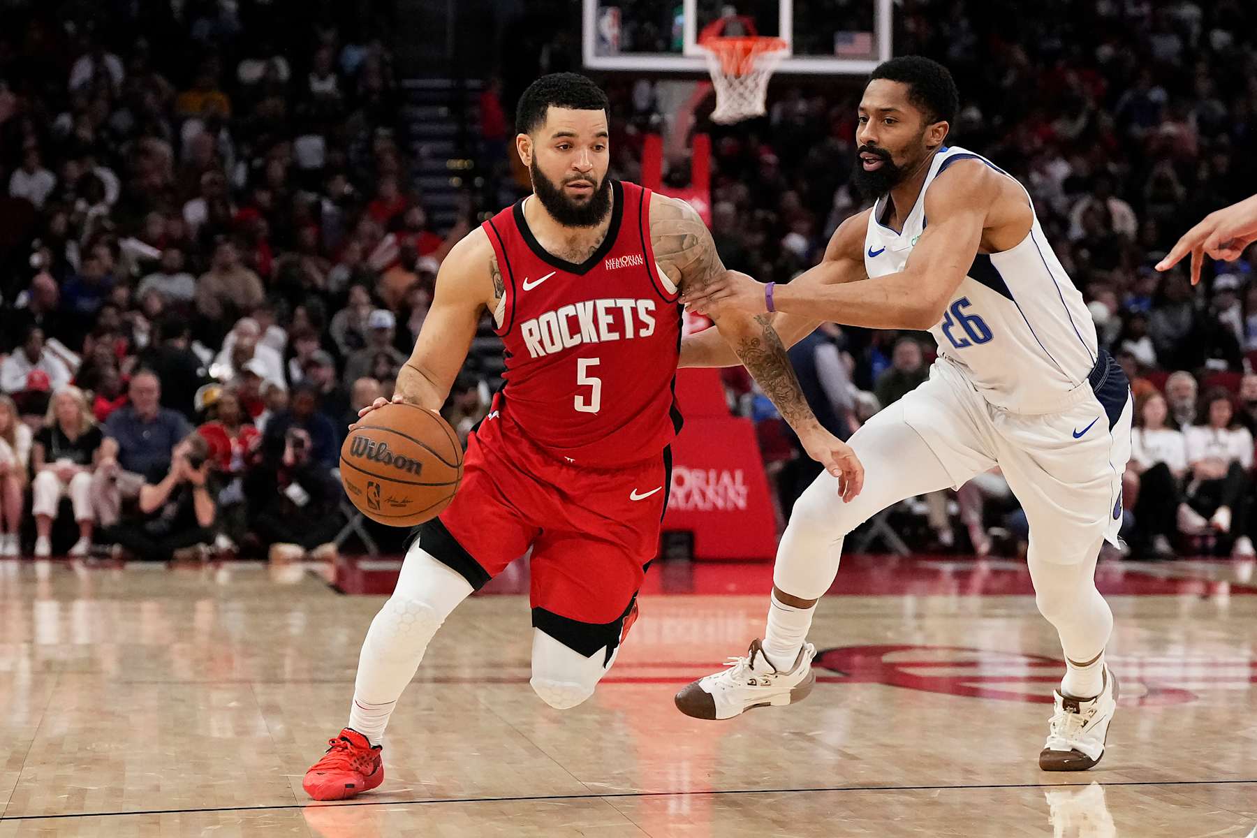 HOUSTON, TX - JANUARY 1:  Fred VanVleet #5 of the Houston Rockets dribbles the ball during the game against the Dallas Mavericks on January 1, 2025 at the Toyota Center in Houston, Texas. NOTE TO USER: User expressly acknowledges and agrees that, by downloading and or using this photograph, User is consenting to the terms and conditions of the Getty Images License Agreement. Mandatory Copyright Notice: Copyright 2025 NBAE (Photo by Kevin M.Cox/NBAE via Getty Images)