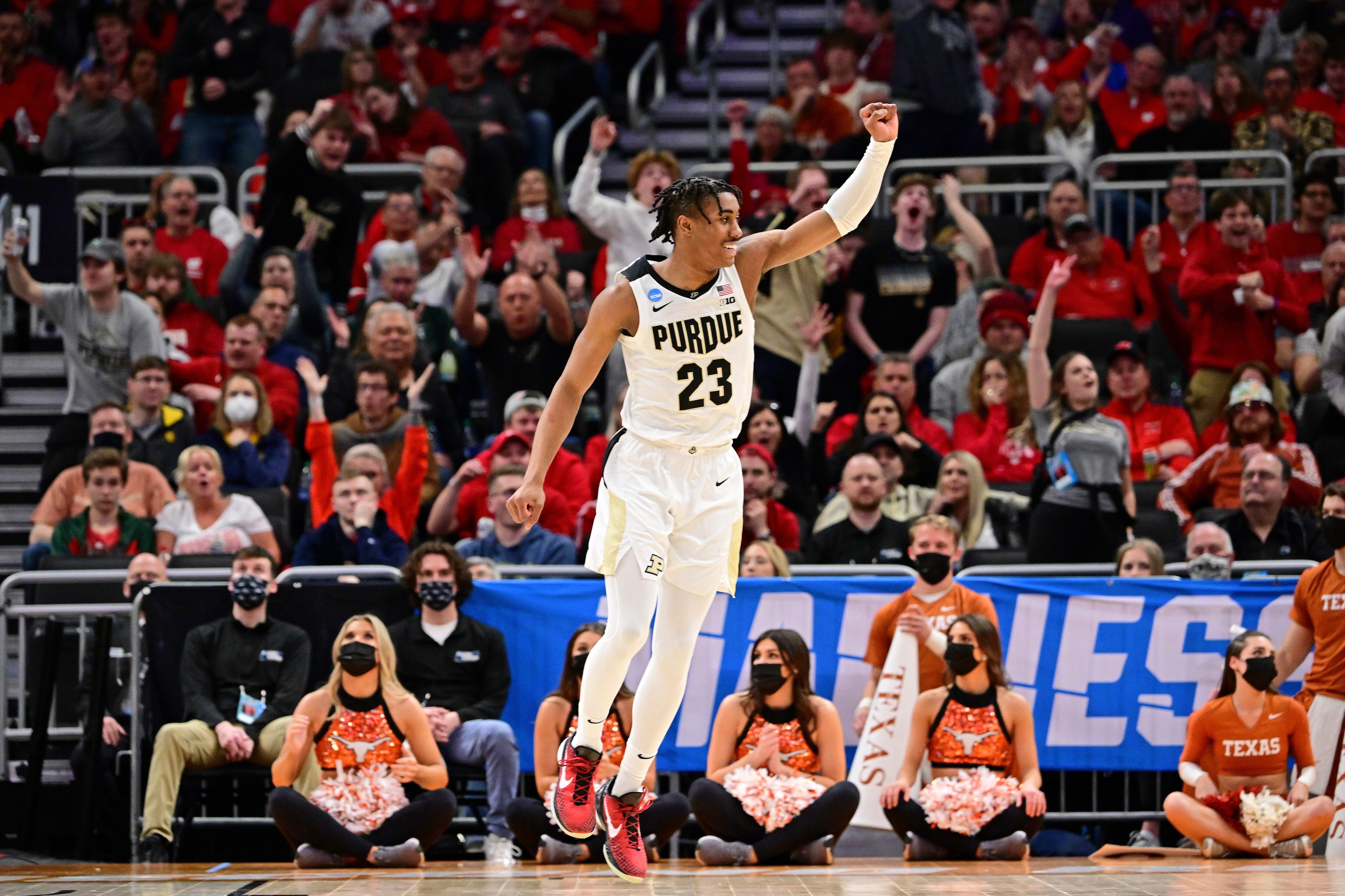 MILWAUKEE, WI - MARCH 20: Jaden Ivey #23 of the Purdue Boilermakers reacts after a play against the Texas Longhorns during the second round of the 2022 NCAA Men's Basketball Tournament held at the Fiserv Forum on March 20, 2022 in Milwaukee, Wisconsin. (Photo by Ben Solomon/NCAA Photos via Getty Images)