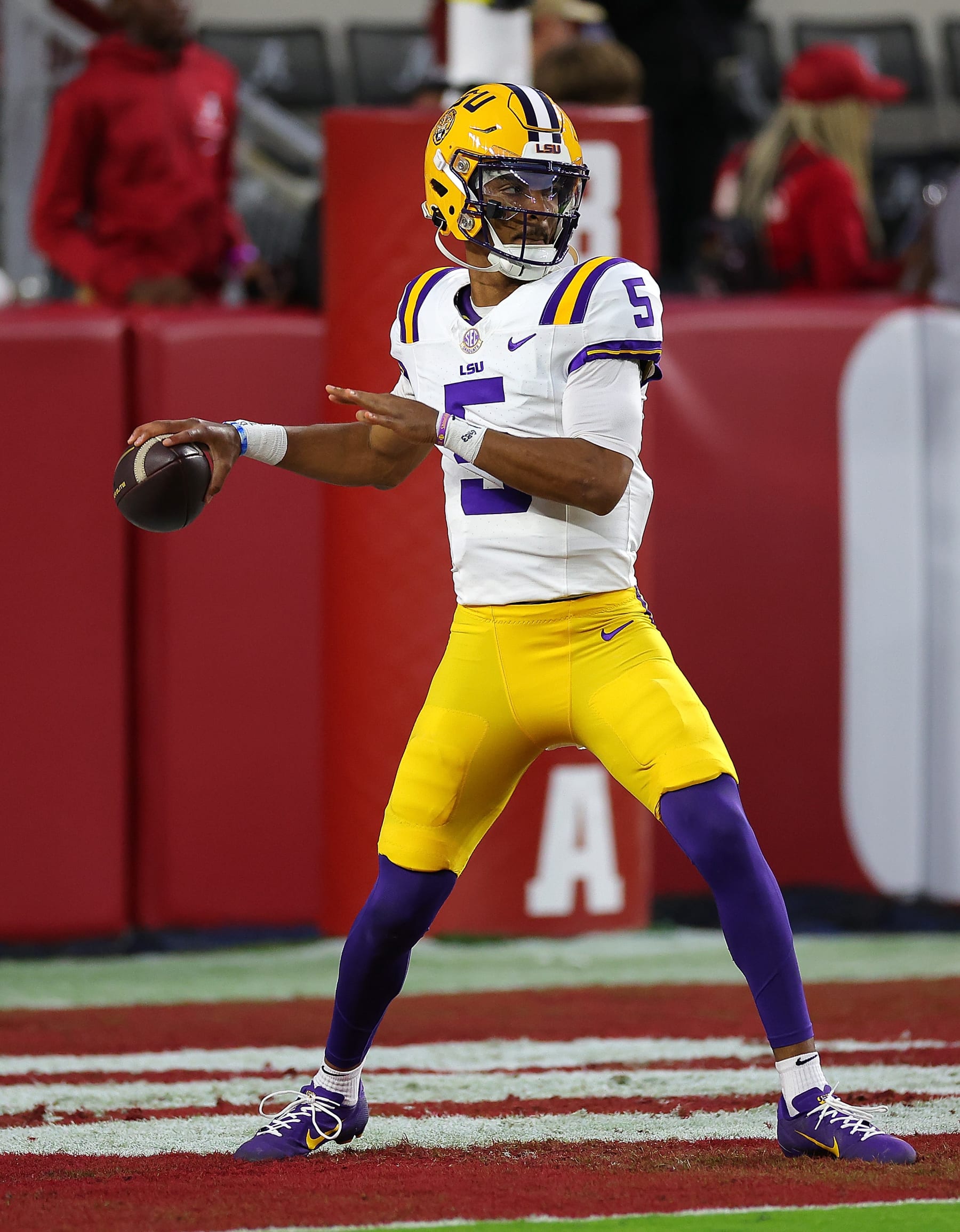 TUSCALOOSA, ALABAMA - NOVEMBER 04:  Jayden Daniels #5 of the LSU Tigers warms up prior to facing the Alabama Crimson Tide at Bryant-Denny Stadium on November 04, 2023 in Tuscaloosa, Alabama.  (Photo by Kevin C. Cox/Getty Images)